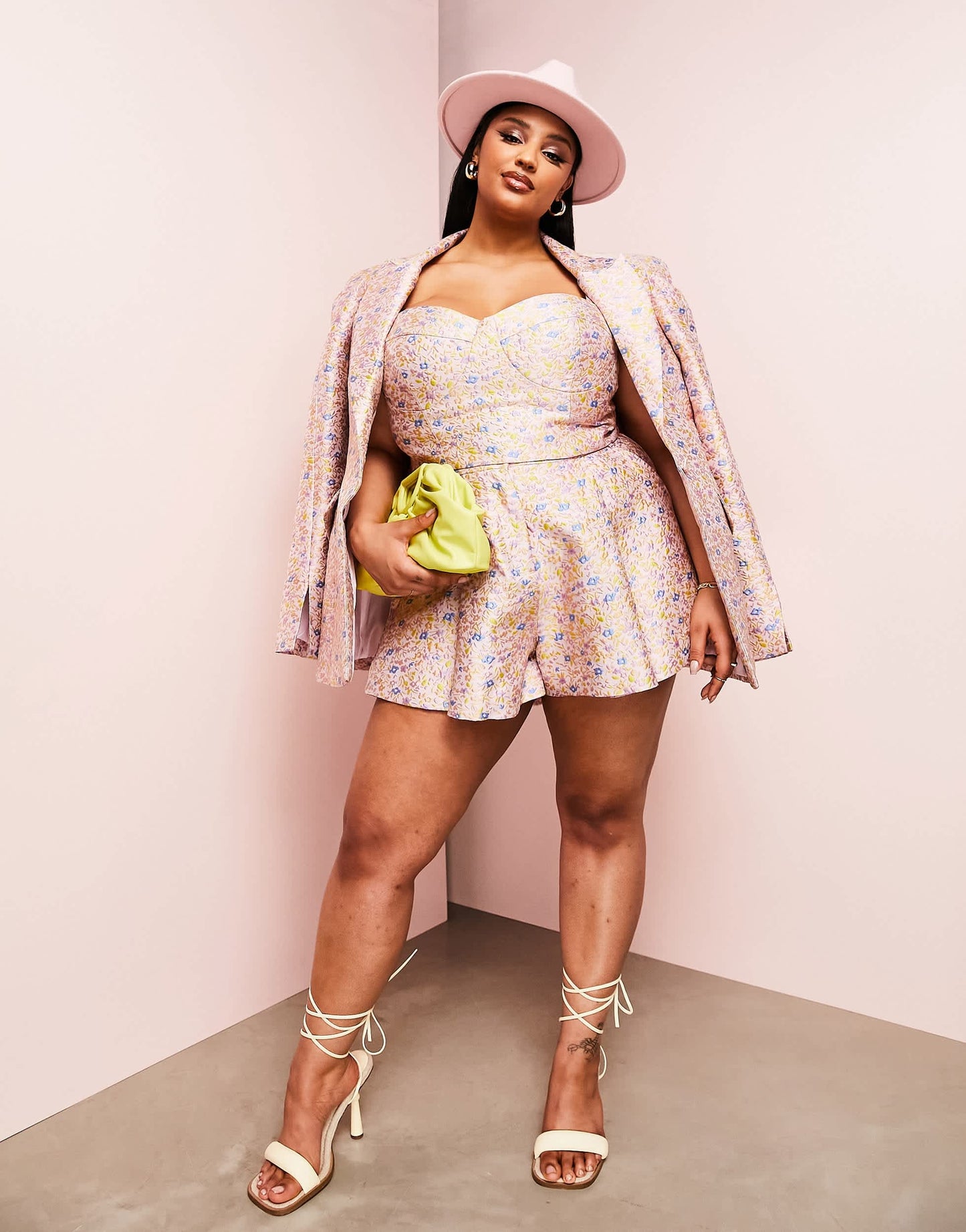 ASOS LUXE Curve co-ord jacquard cupped bralet in pink floral