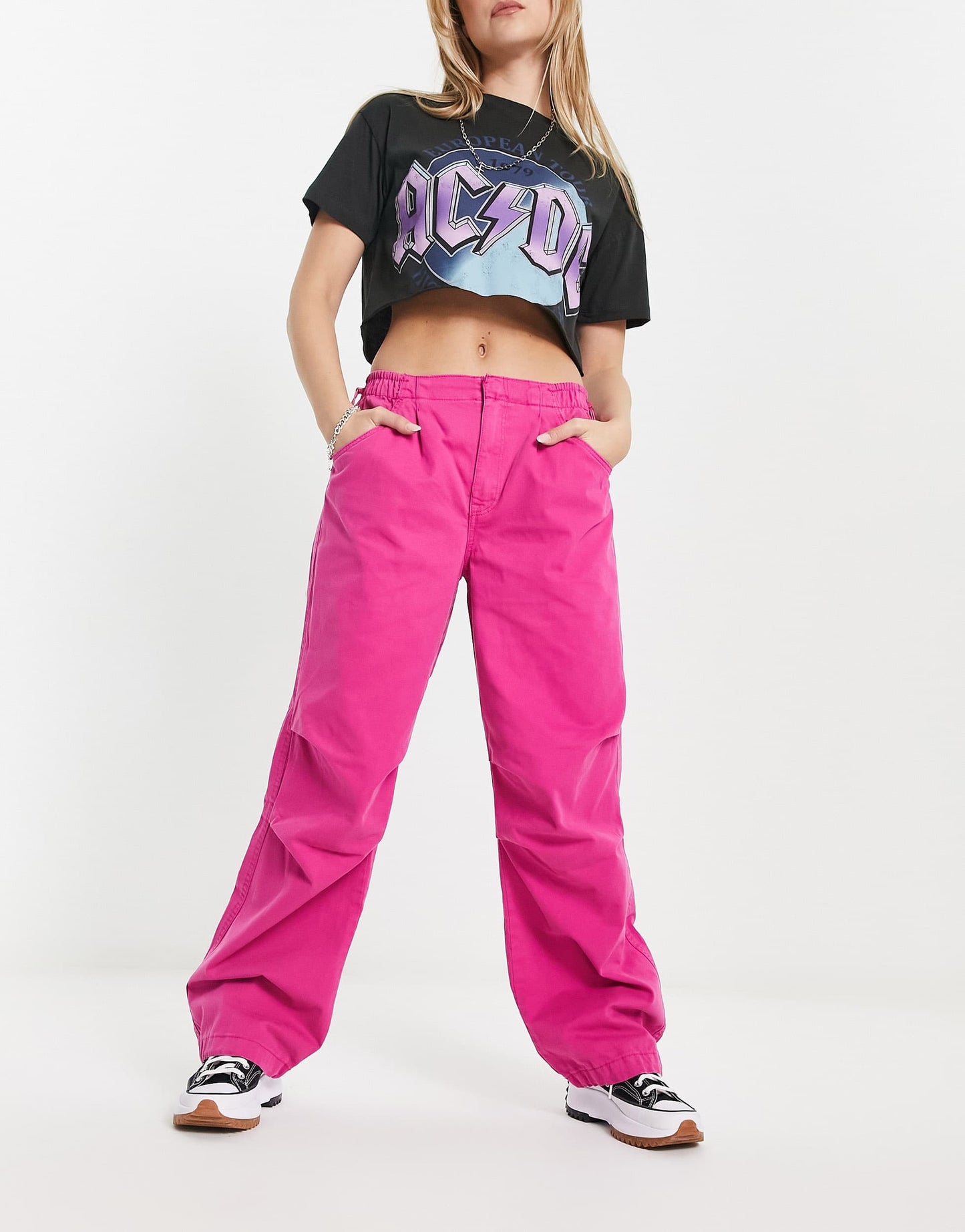 Bershka baggy parachute tech pant in pink