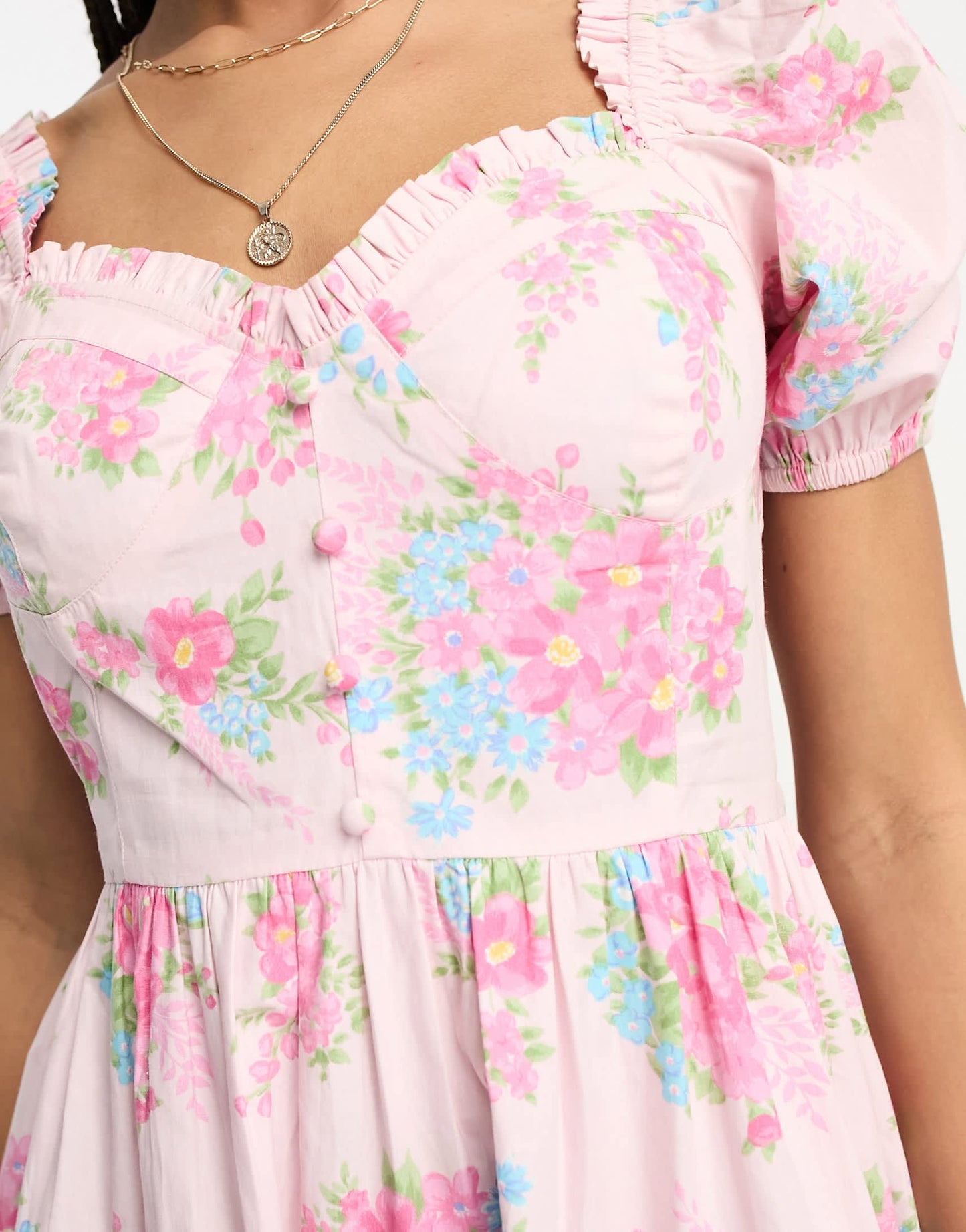 Miss Selfridge poplin corset mini tea dress in pink cluster floral