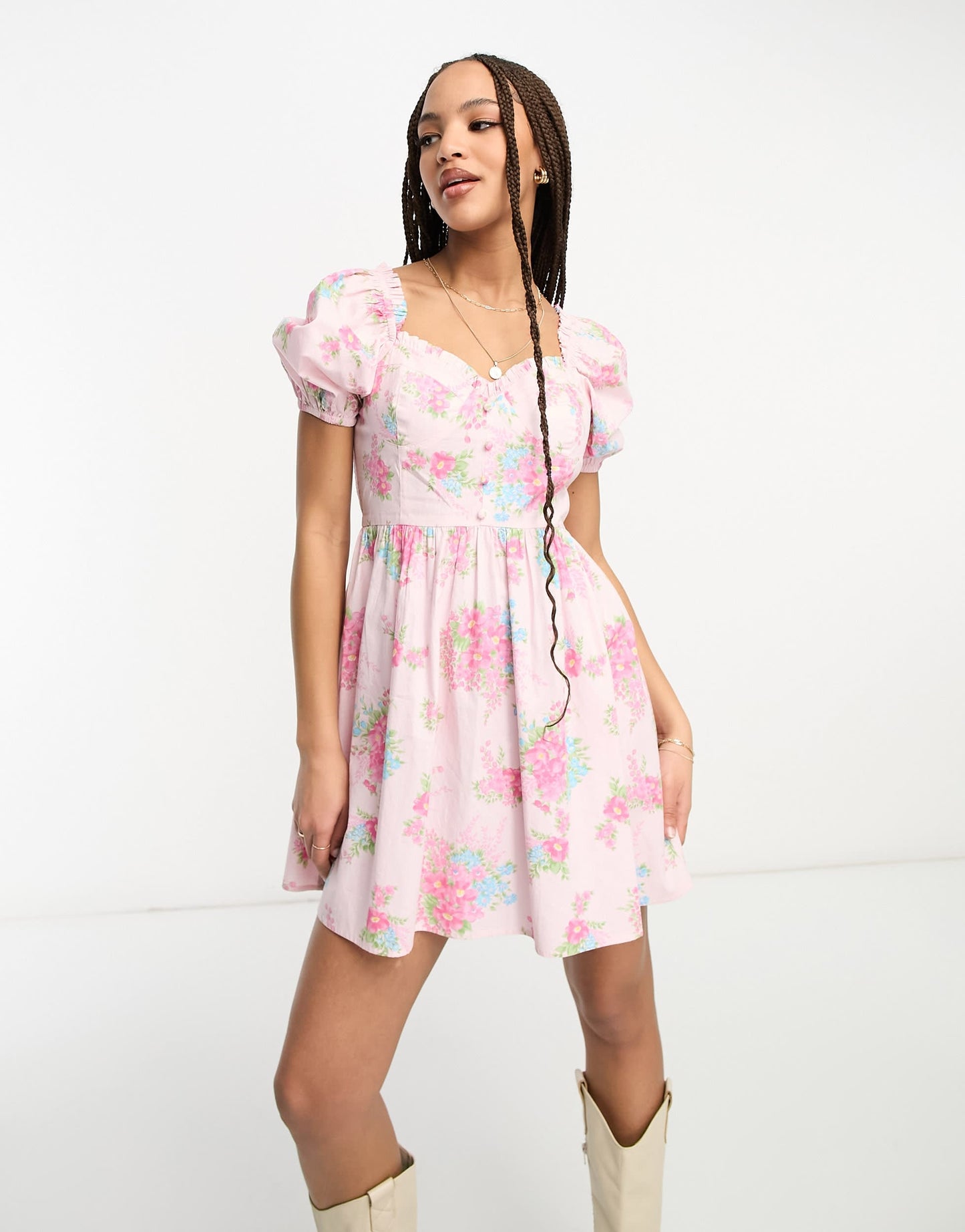 Miss Selfridge poplin corset mini tea dress in pink cluster floral