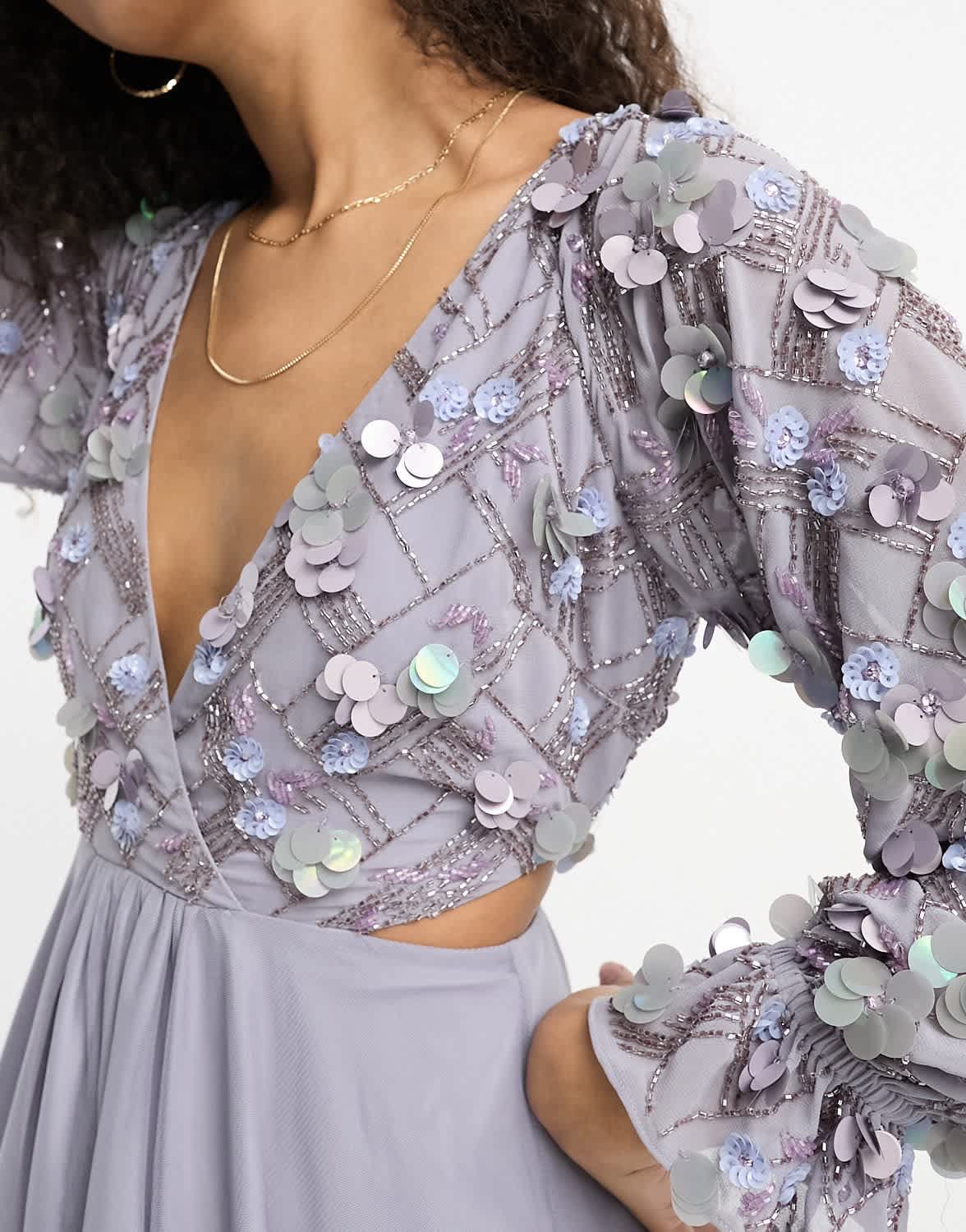 ASOS DESIGN embellished wrap front tulle skirt midaxi dress with floral detail in lilac