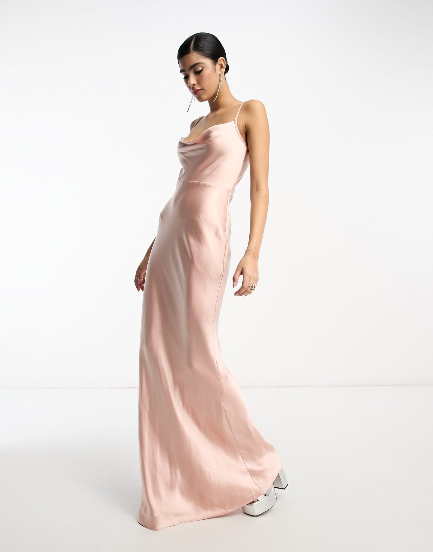 Pretty Lavish Bridesmaid Keisha cowl neck satin maxi dress in blush