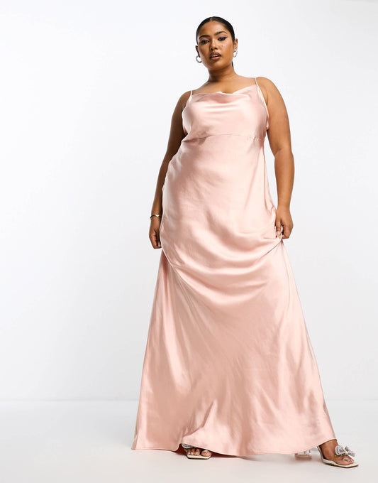 Pretty Lavish Curve Bridesmaid Keisha cowl neck satin maxi dress in blush