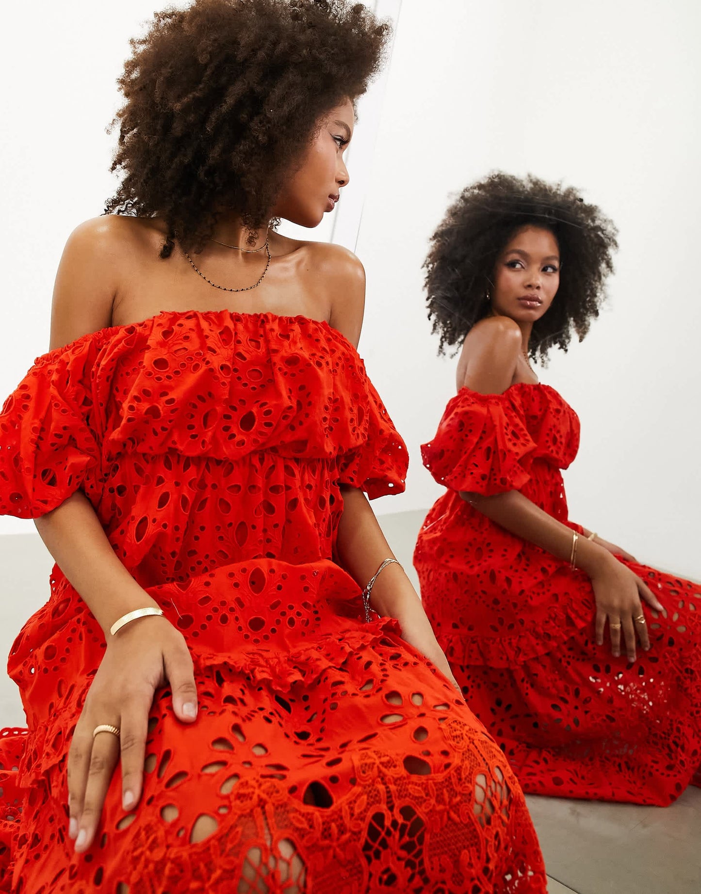 ASOS EDITION blouson off shoulder tiered broderie midi dress in tomato red