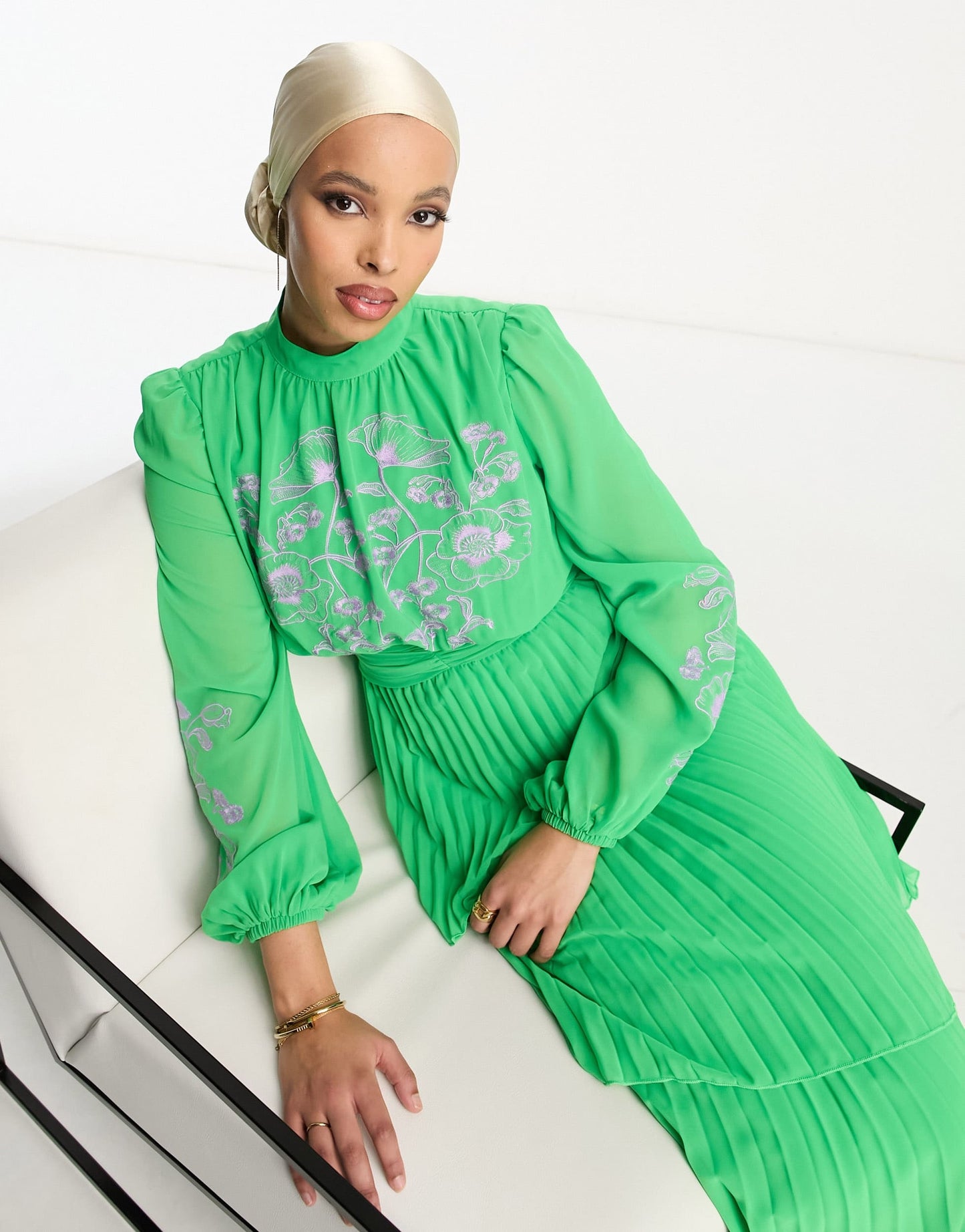 ASOS DESIGN high neck tiered pleated maxi dress with contrast embroidery in green