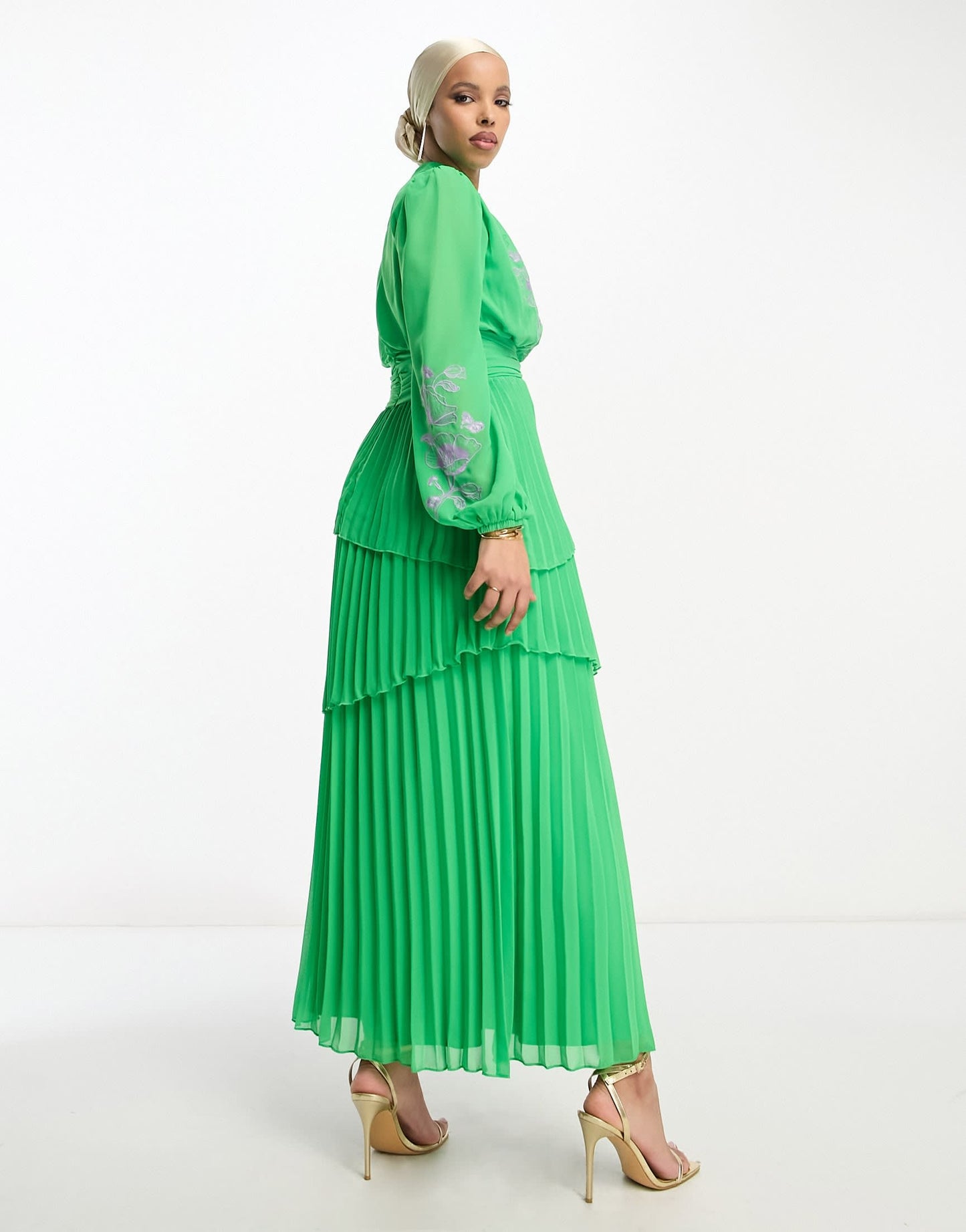 ASOS DESIGN high neck tiered pleated maxi dress with contrast embroidery in green