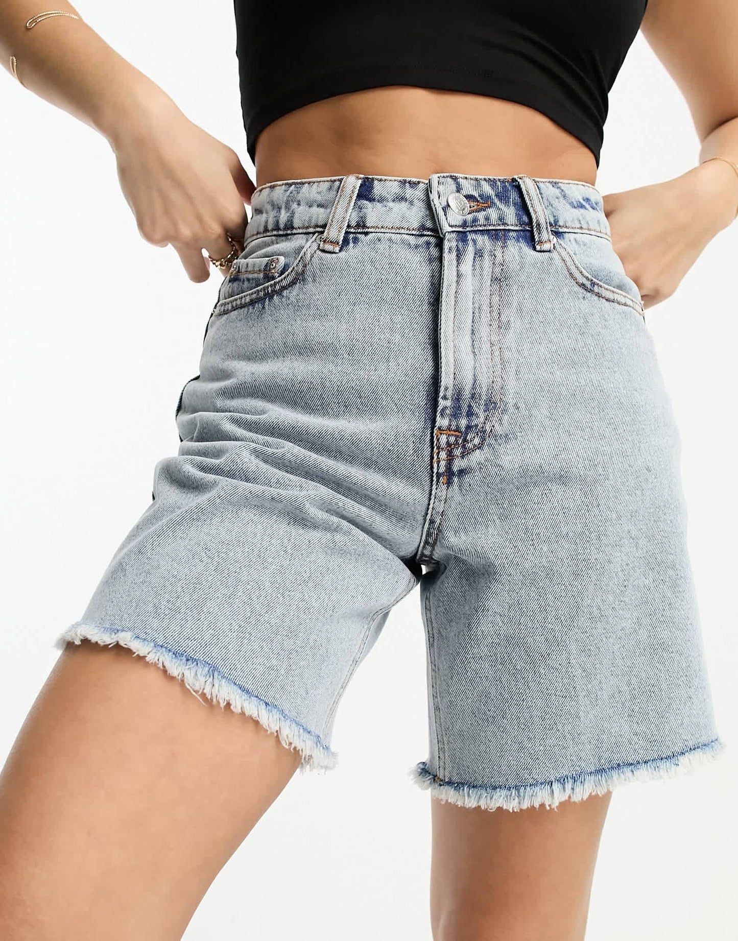 Miss Selfridge petite long line denim short in acid wash