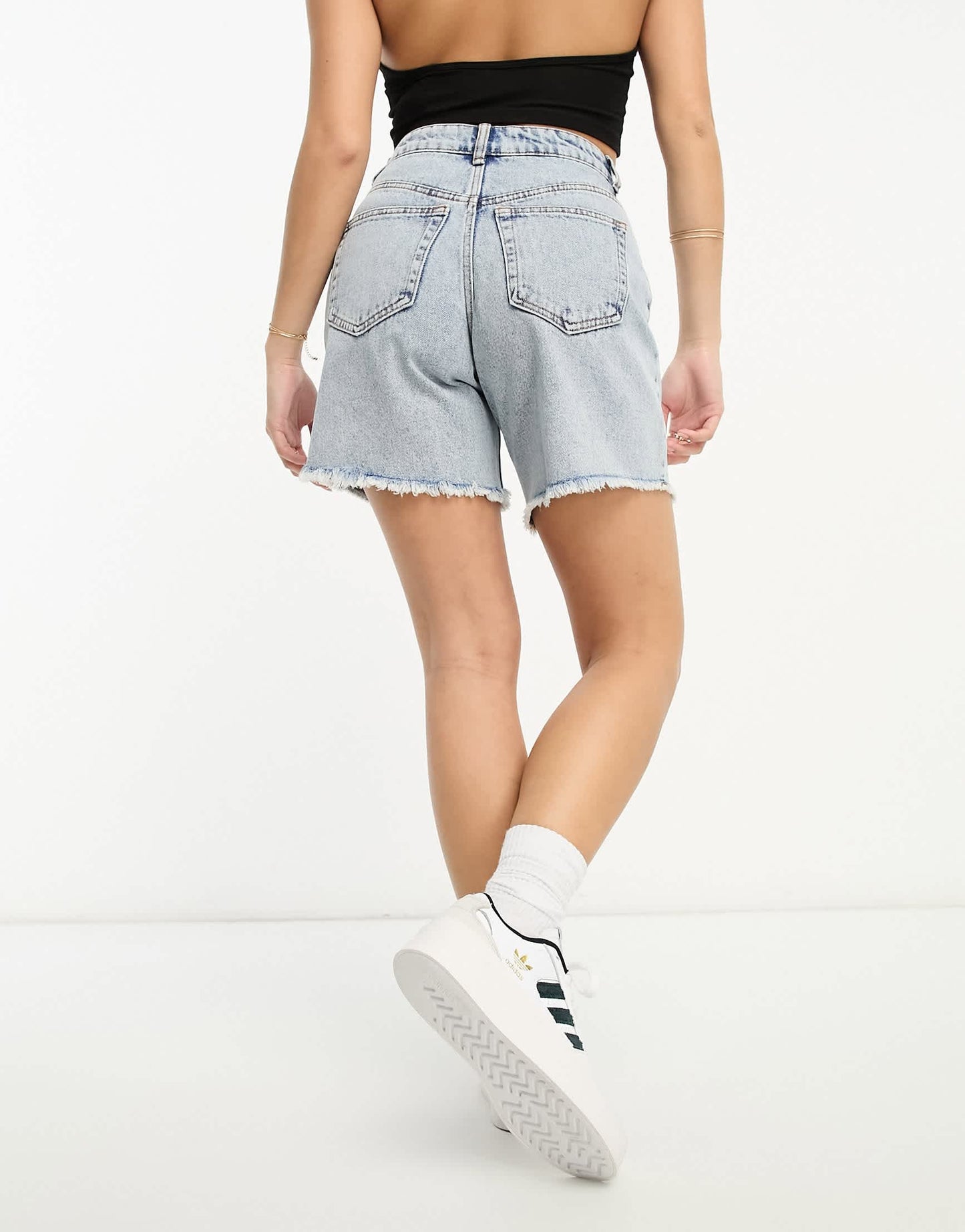 Miss Selfridge petite long line denim short in acid wash