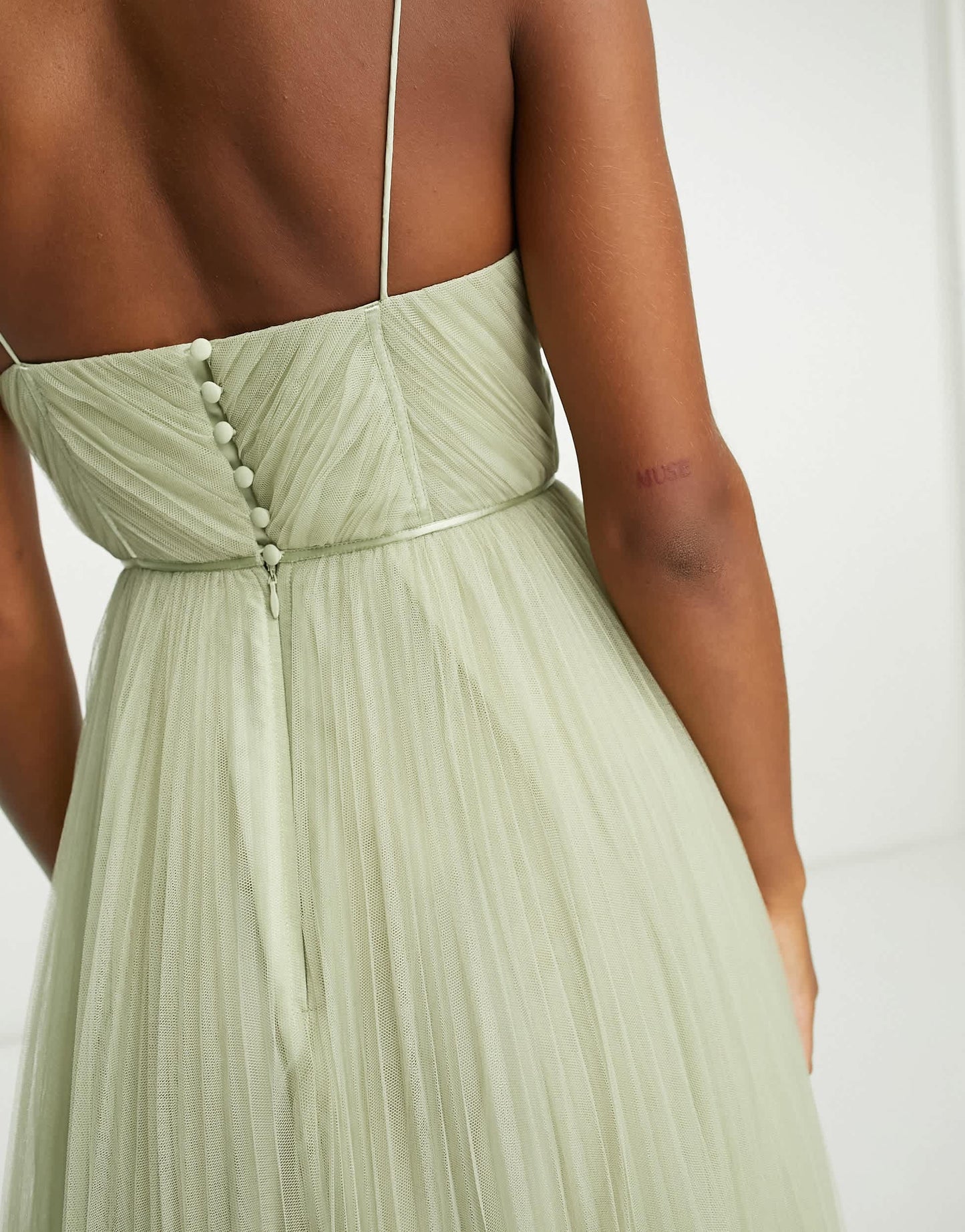 ASOS DESIGN Bridesmaid cami ruched bodice maxi dress with pleated skirt in sage