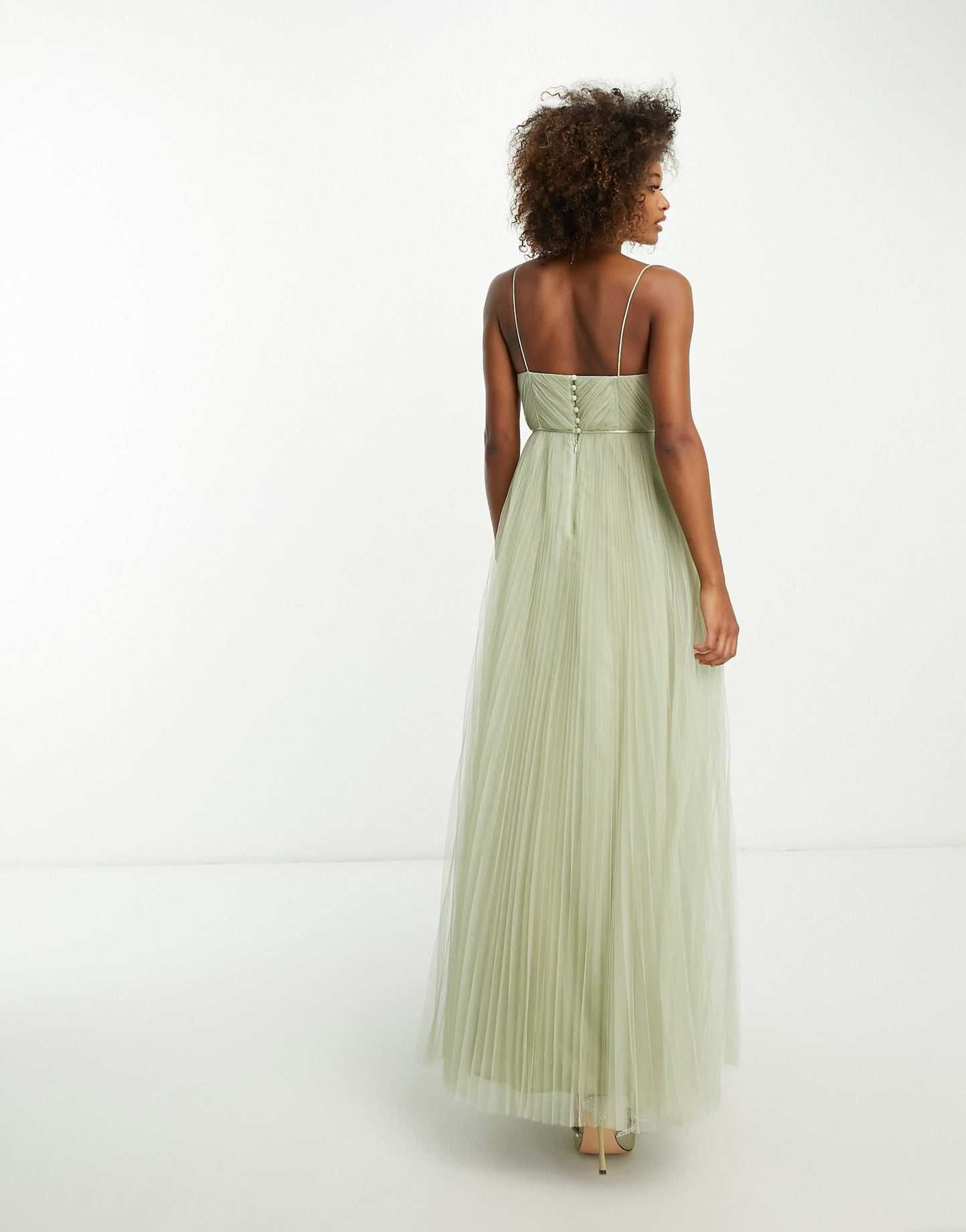 ASOS DESIGN Bridesmaid cami ruched bodice maxi dress with pleated skirt in sage