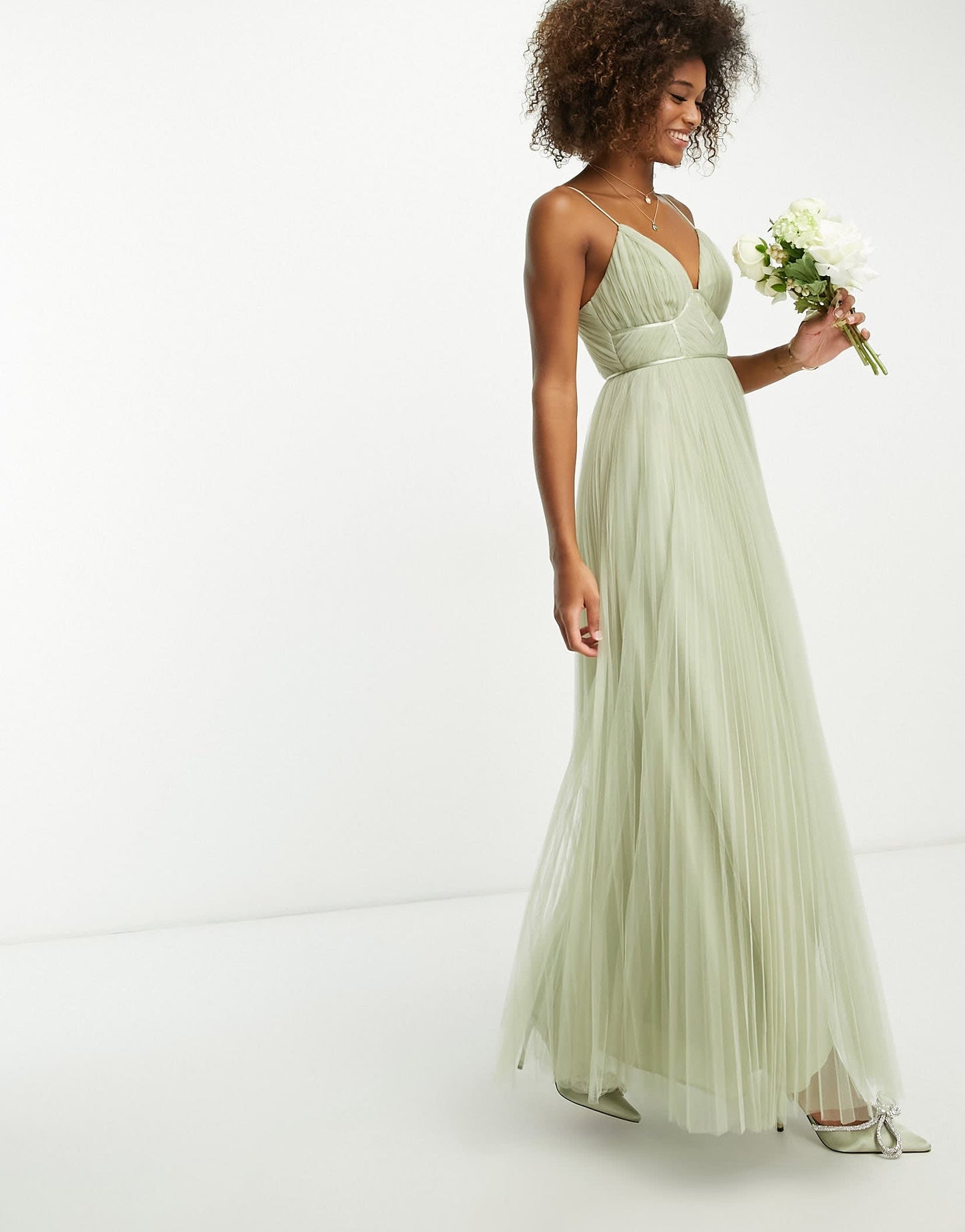 ASOS DESIGN Bridesmaid cami ruched bodice maxi dress with pleated skirt in sage