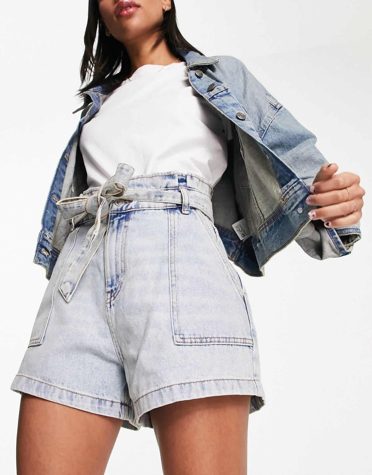Miss Selfridge festival paper bag tie waist denim short in acid wash