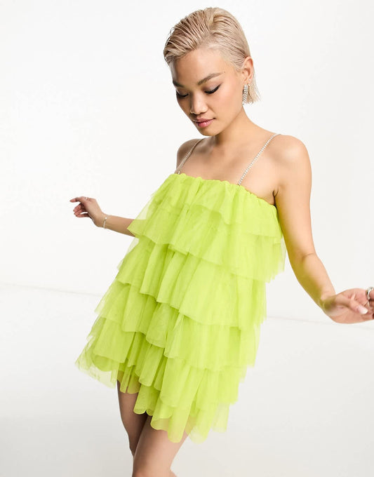 Extro & Vert mini cami dress in tiered chartreuse tulle