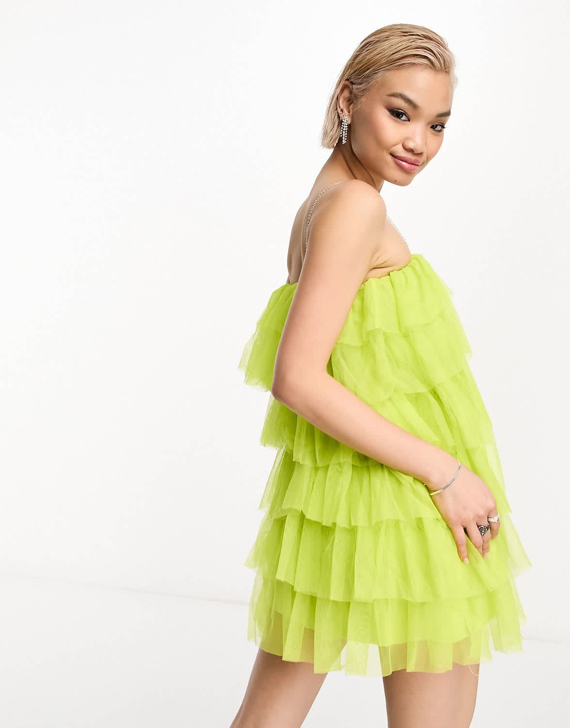 Extro & Vert mini cami dress in tiered chartreuse tulle