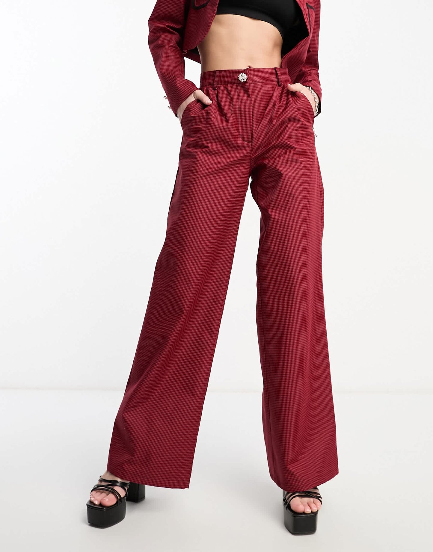 Extro & Vert Premium wide leg trousers in red & black check co-ord
