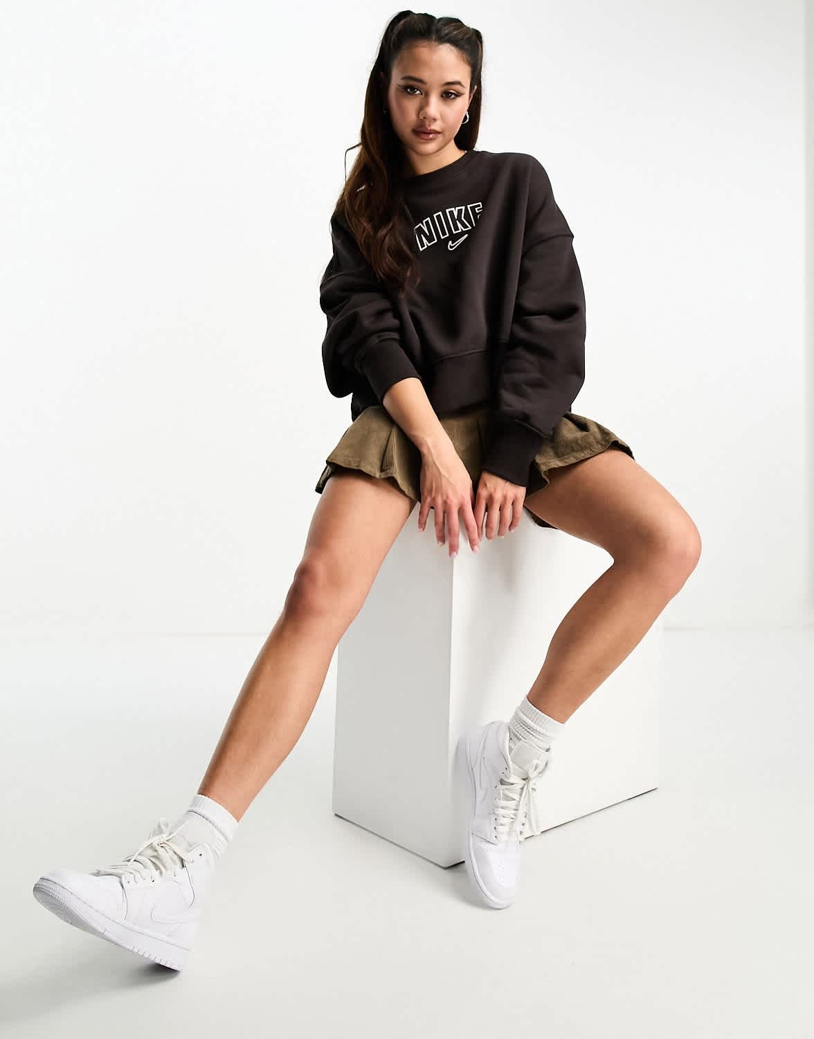 Nike varsity oversized crop sweatshirt in velvet brown