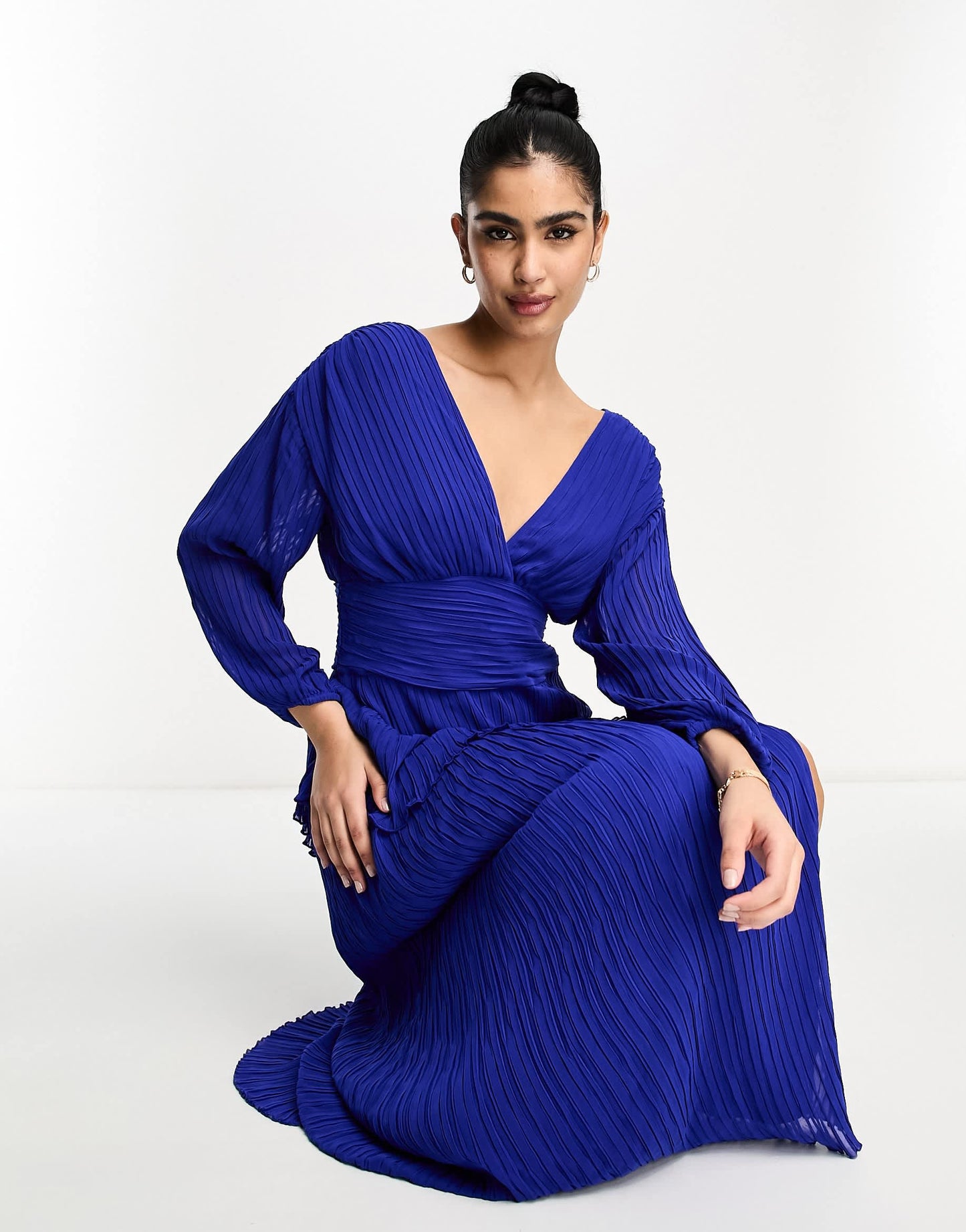 ASOS DESIGN pleated midi dress with a belt in cobalt blue