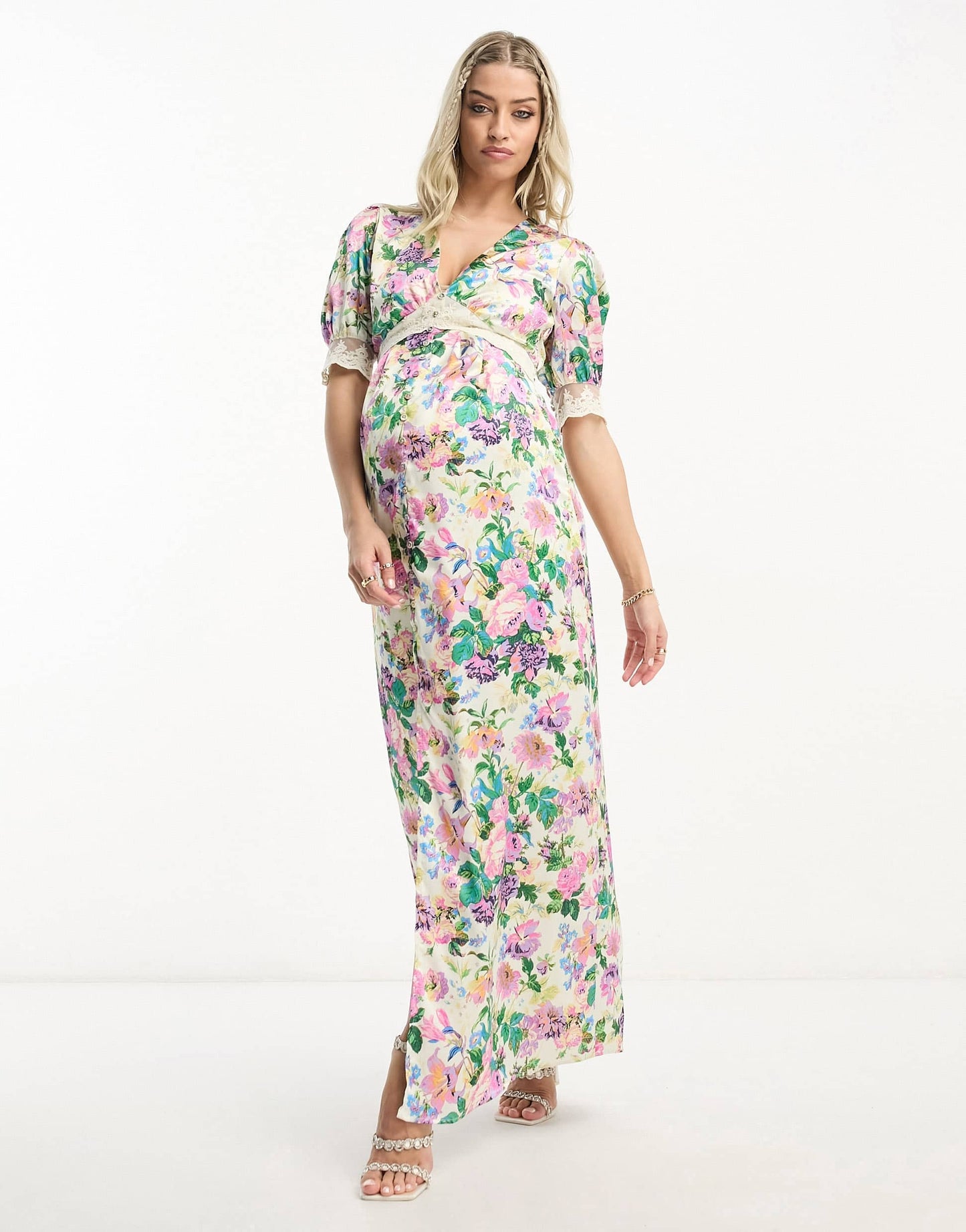 Hope & Ivy Maternity puff sleeve satin maxi dress in cream floral