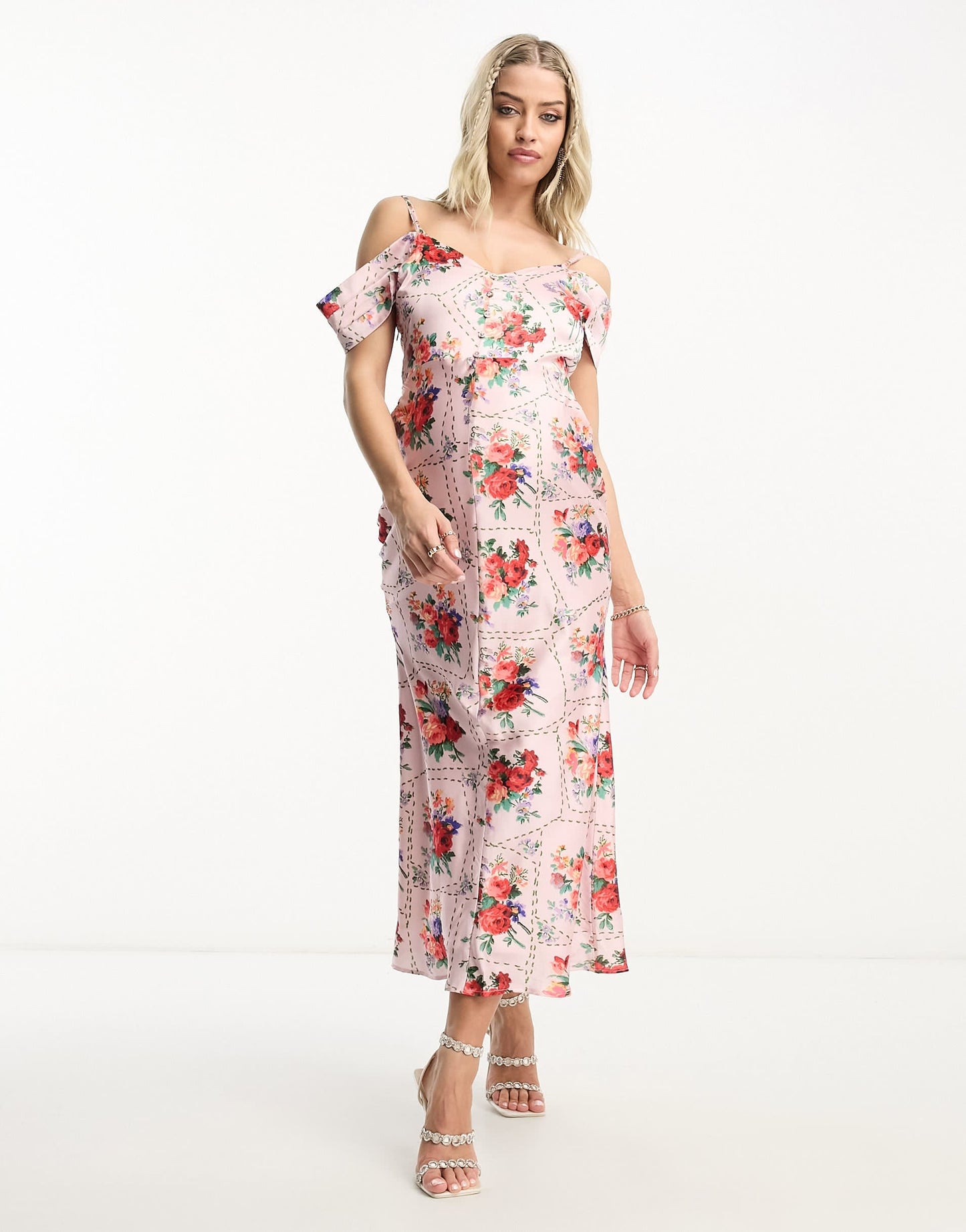 Hope & Ivy Maternity cold shoulder satin midi dress in red floral tile print