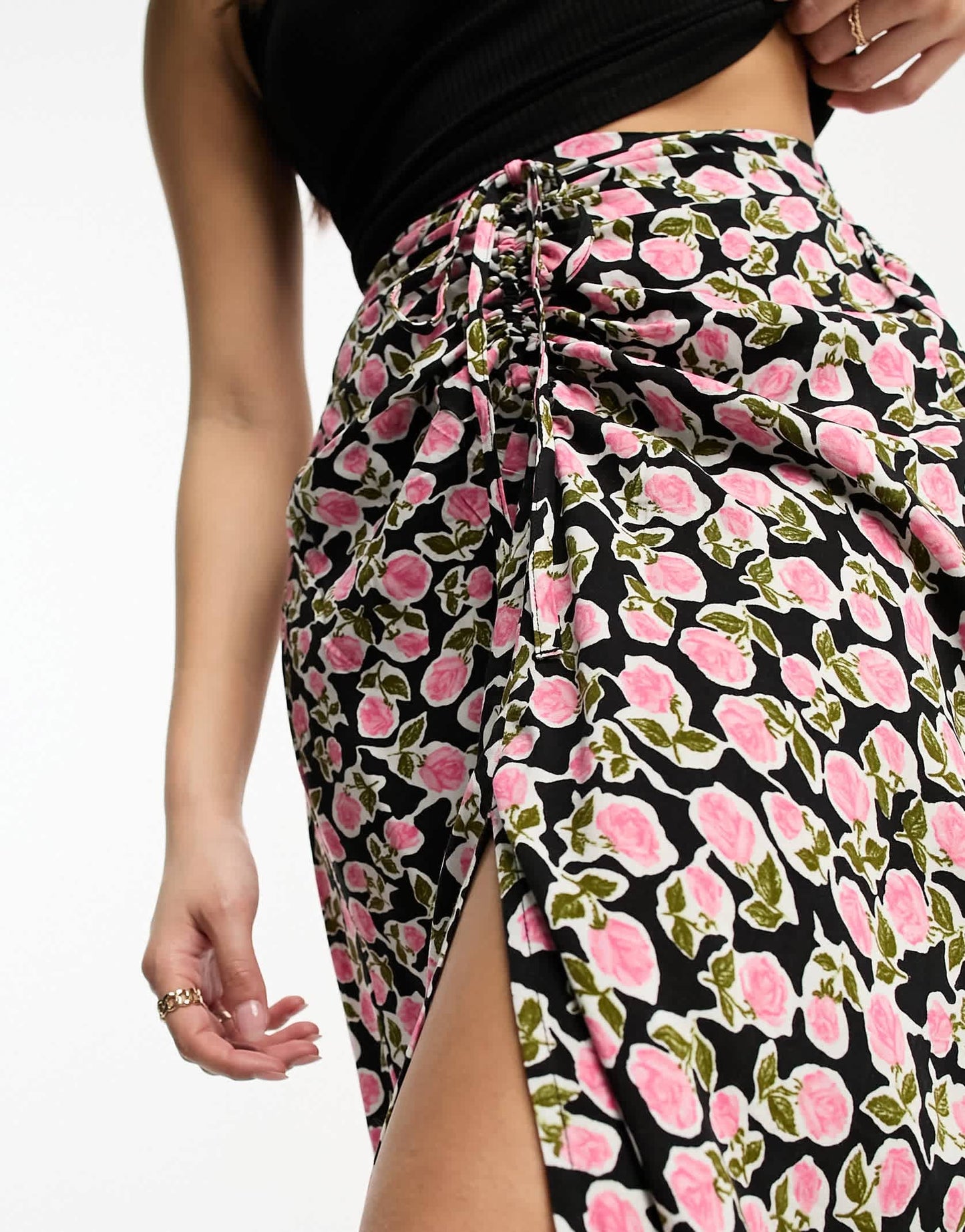 Miss Selfridge Petite ruched front midi skirt in black rose