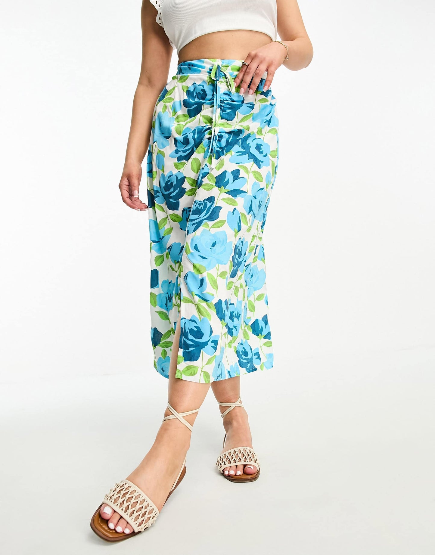 Miss Selfridge Petite ruched front midi skirt in oversized blue rose