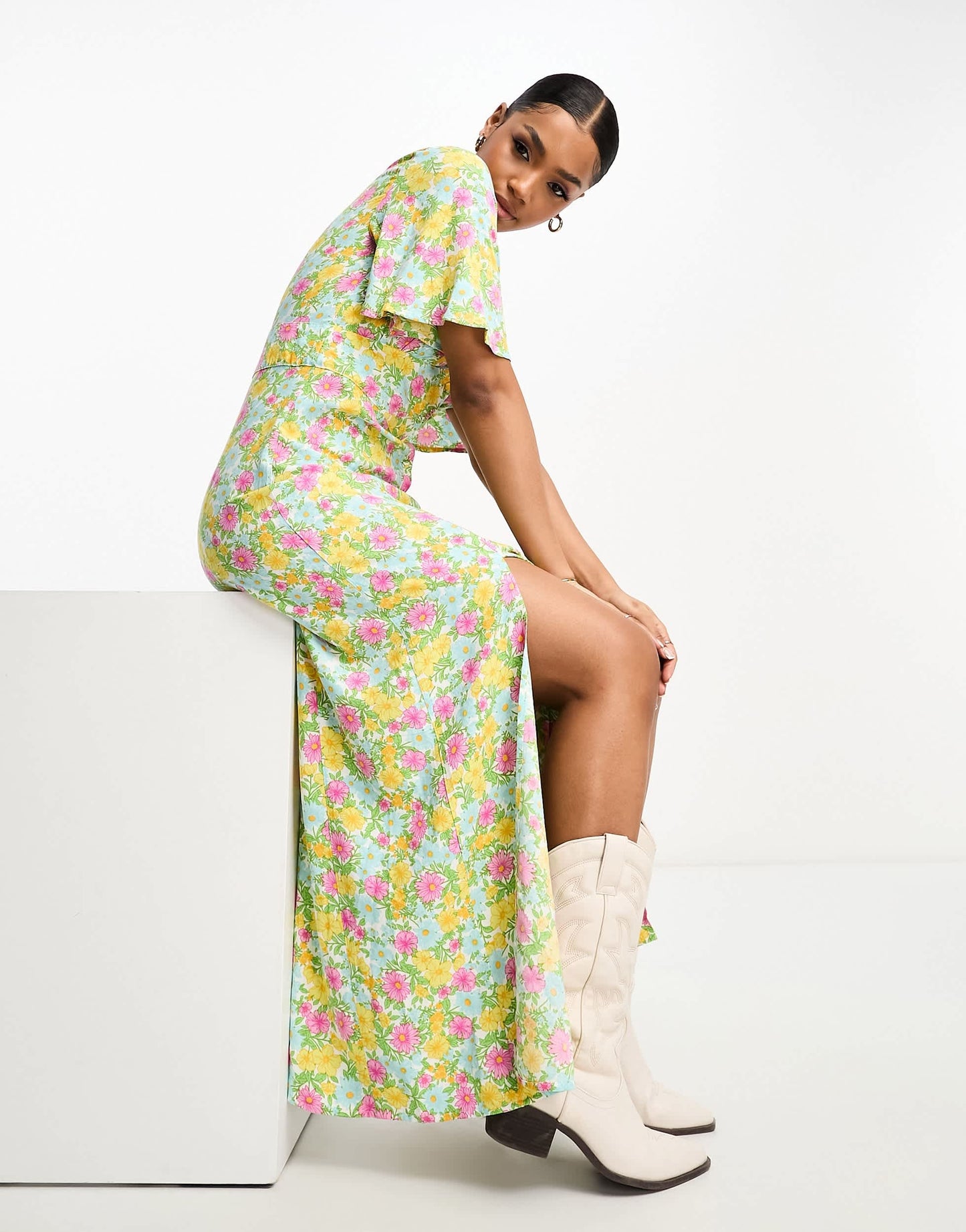 Miss Selfridge angel sleeve button through maxi dress in bright cluster floral