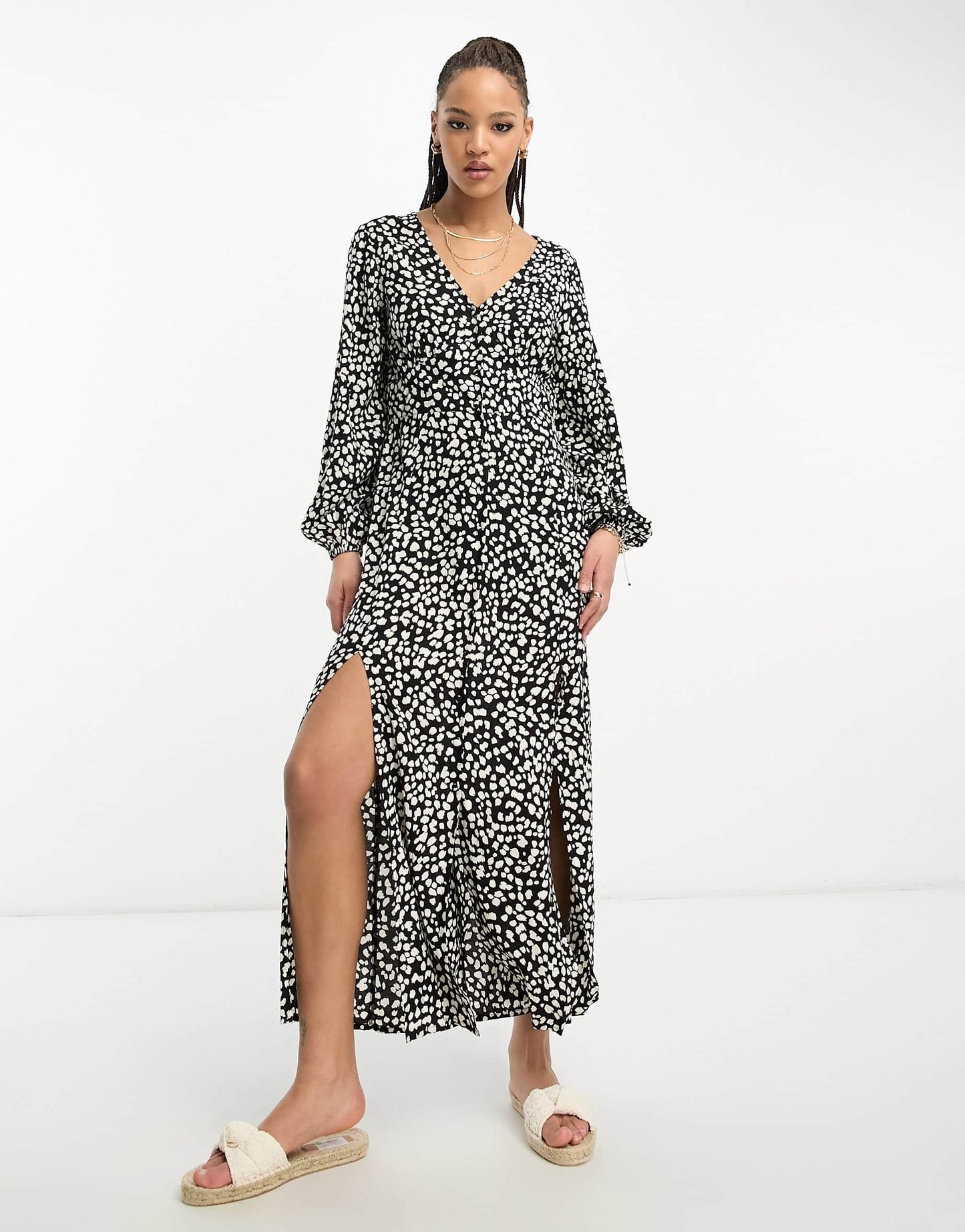 Miss Selfridge long sleeve button through maxi dress in spot print