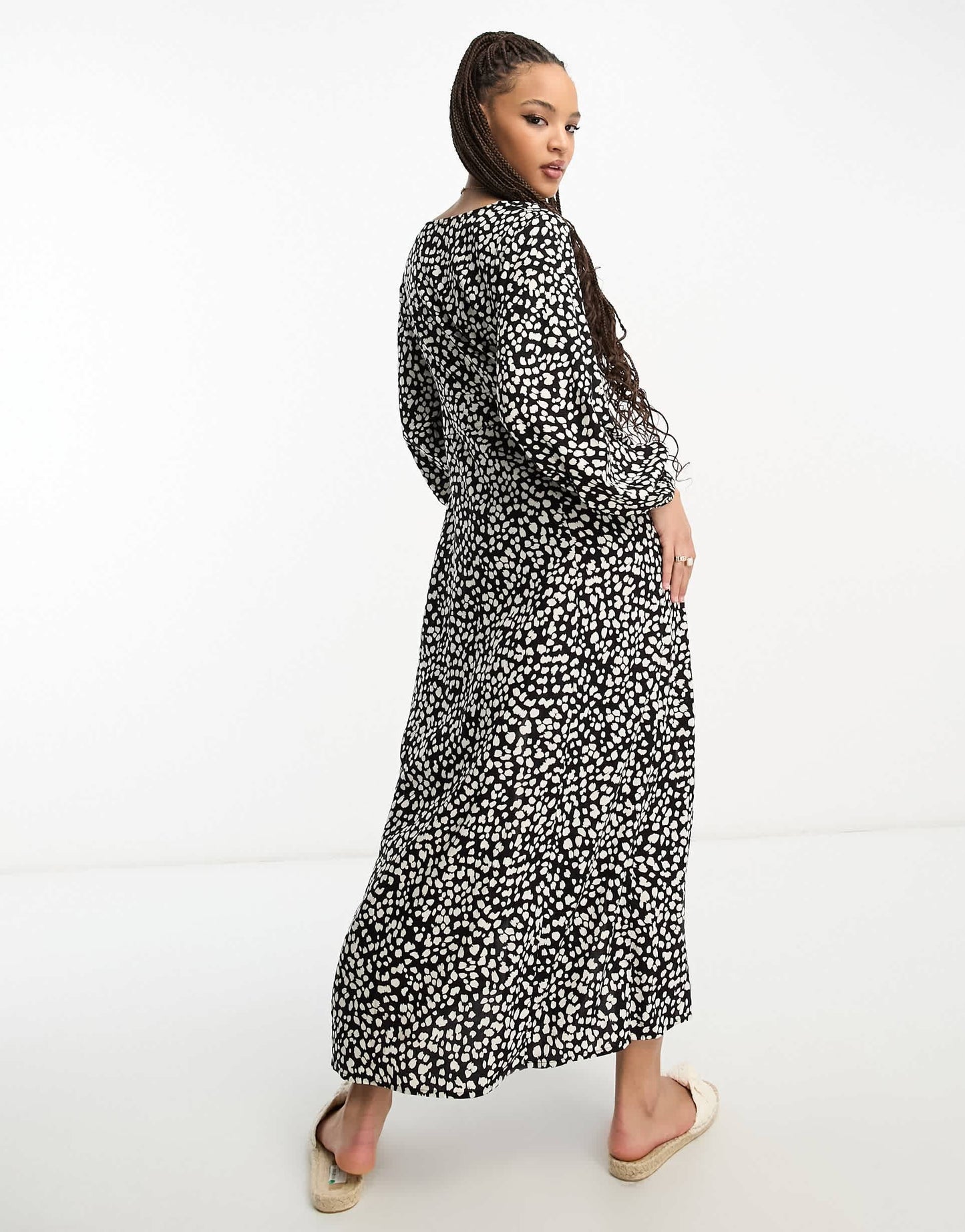 Miss Selfridge long sleeve button through maxi dress in spot print