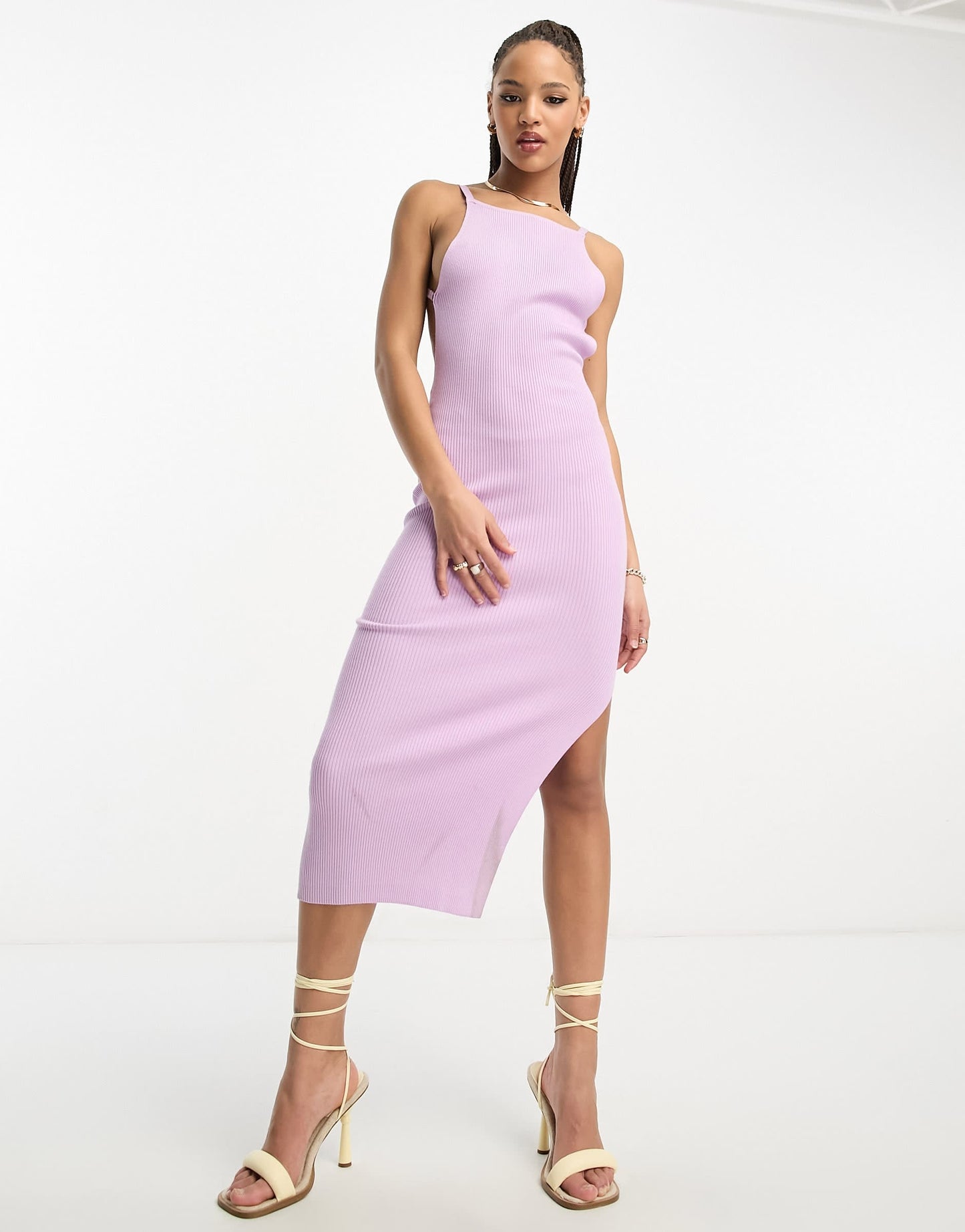 Miss Selfridge strap detail rib knit midi dress in lilac