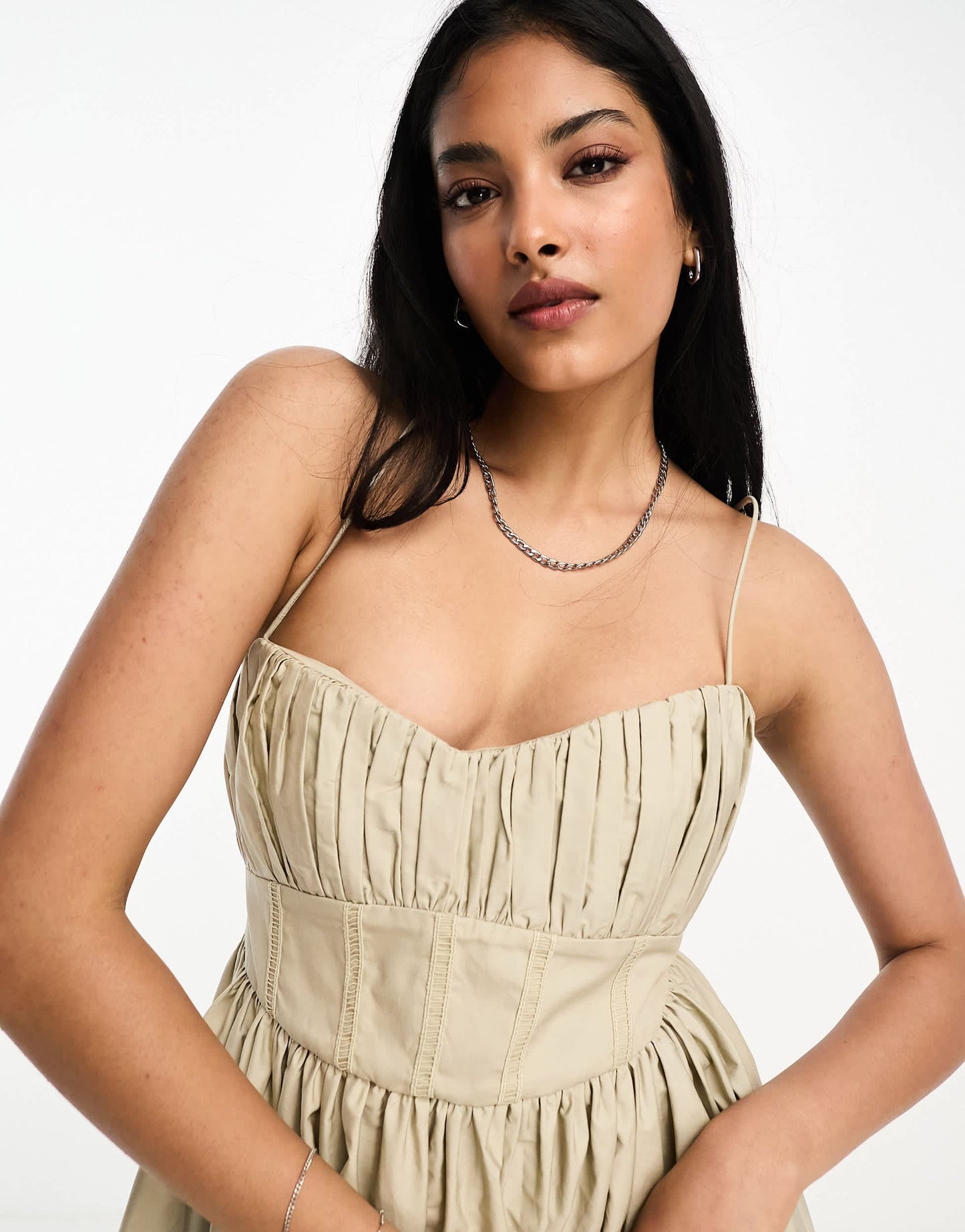 ASOS DESIGN Cotton structured prom midi dress with corset detail in stone