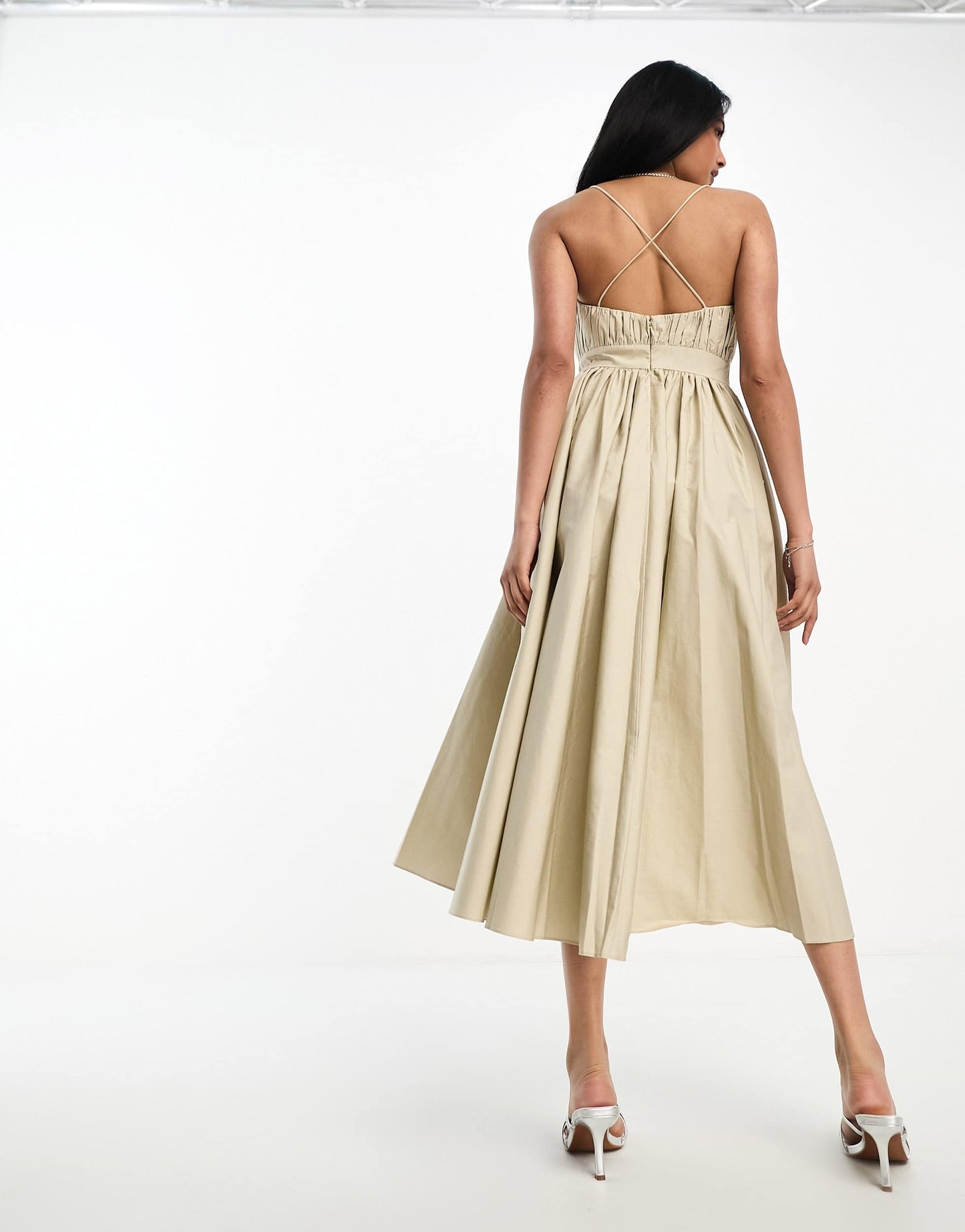 ASOS DESIGN Cotton structured prom midi dress with corset detail in stone