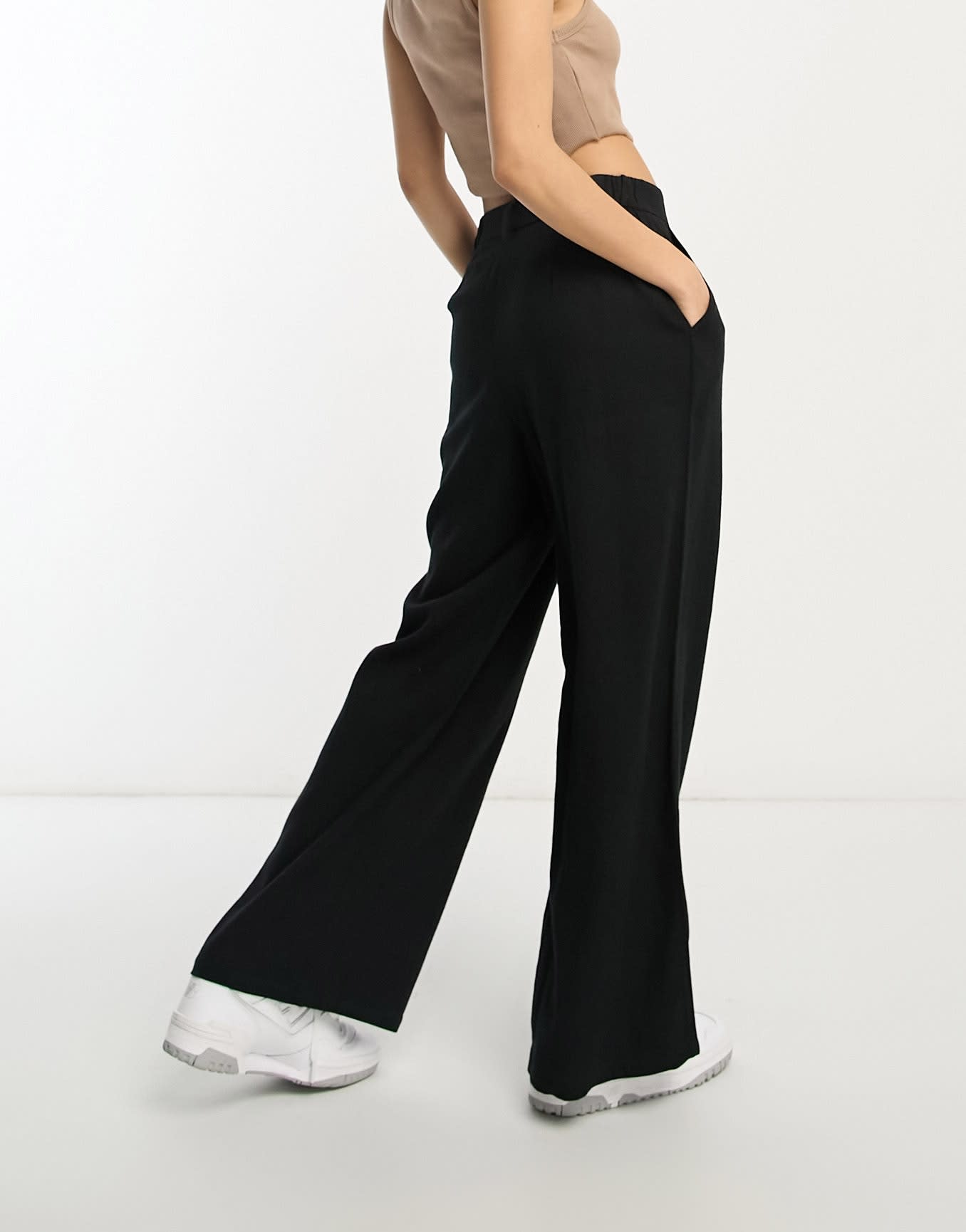 ASOS DESIGN Petite wide leg dad trousers with linen in black