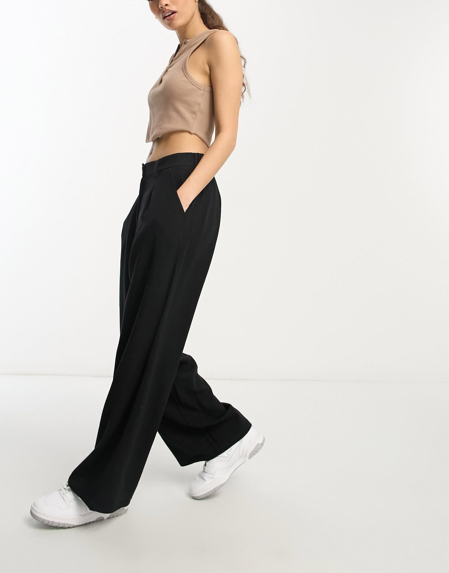 ASOS DESIGN Petite wide leg dad trousers with linen in black
