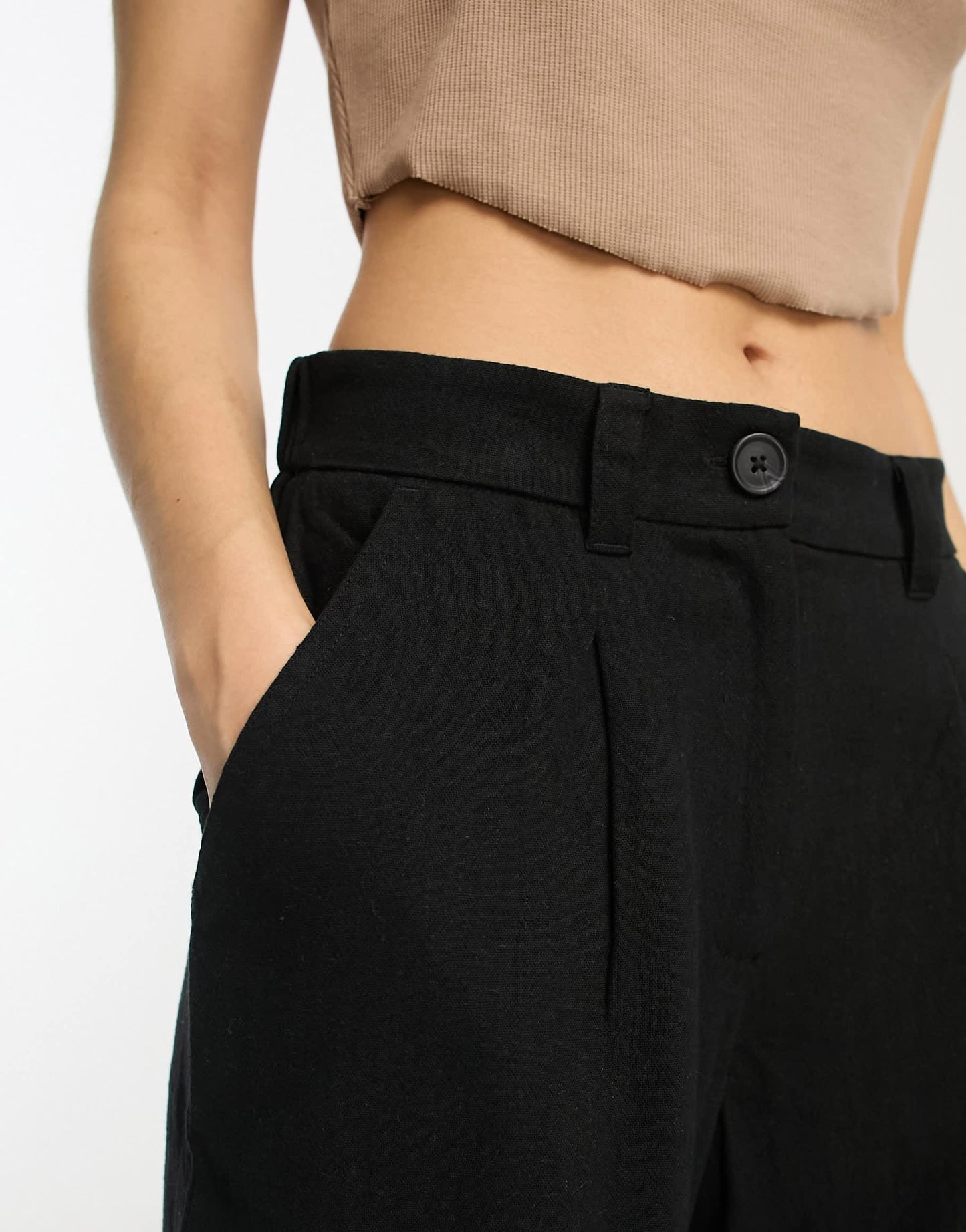 ASOS DESIGN Petite wide leg dad trousers with linen in black
