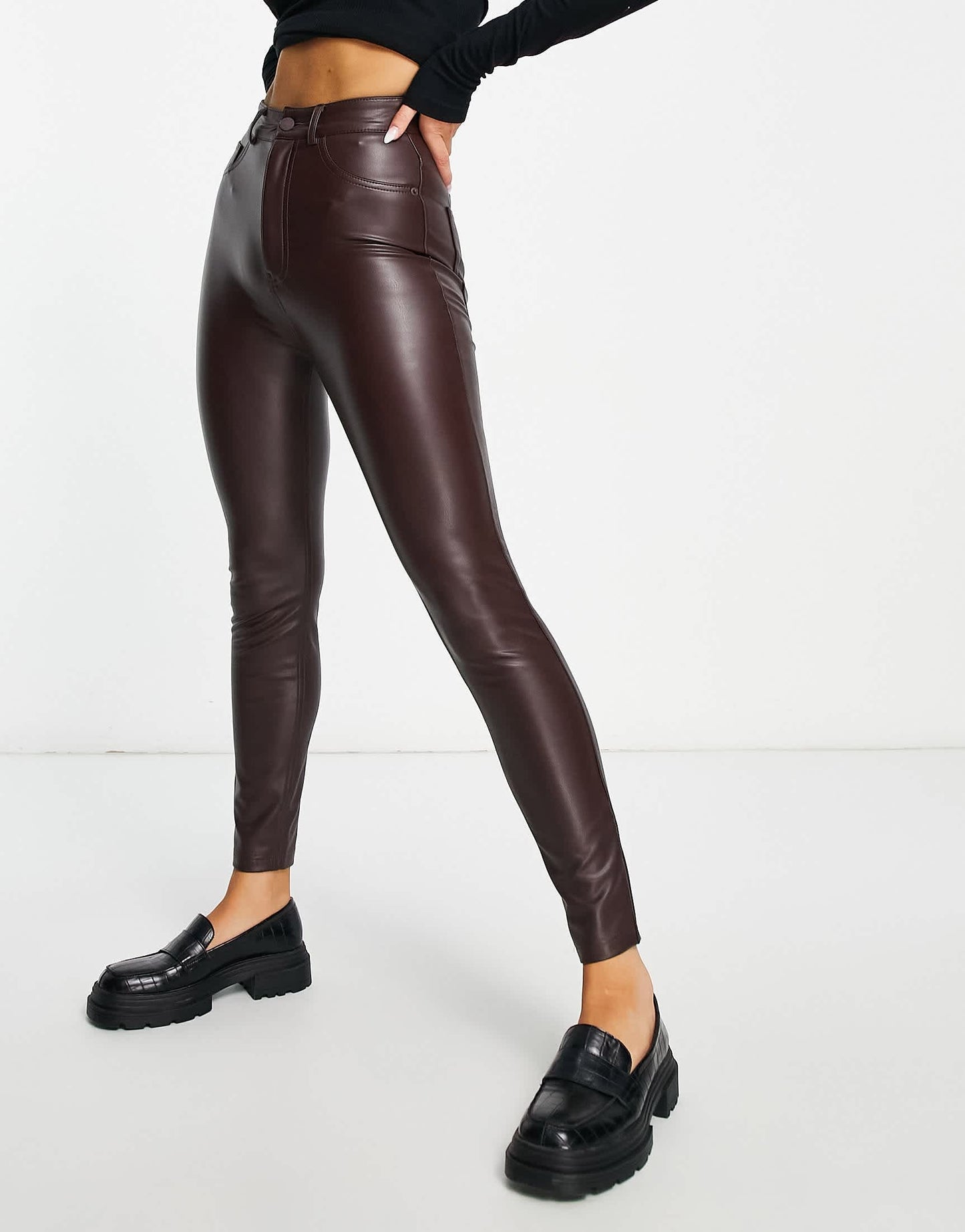 Pull&Bear high waisted faux leather skinny trousers in burgundy
