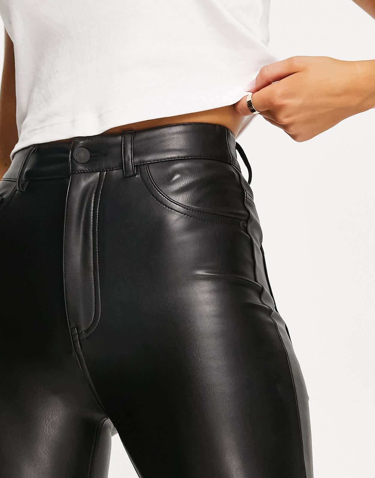 Pull&Bear high waisted faux leather skinny trousers in black