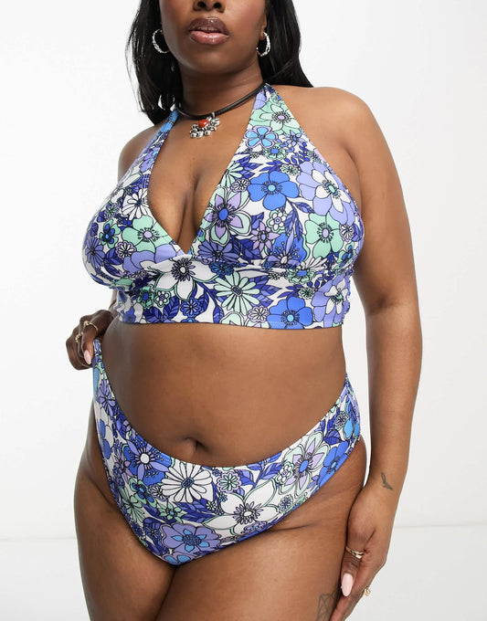 Reclaimed Vintage PLUS high waist bikini bottom in blue floral print