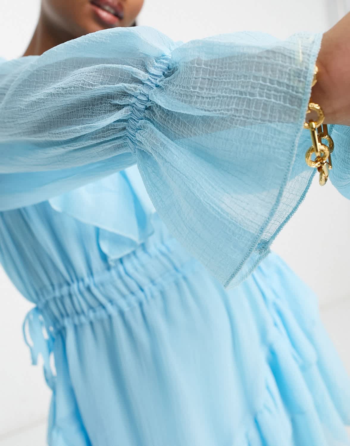 ASOS DESIGN Petite textured chiffon waisted mini dress with frills in blue