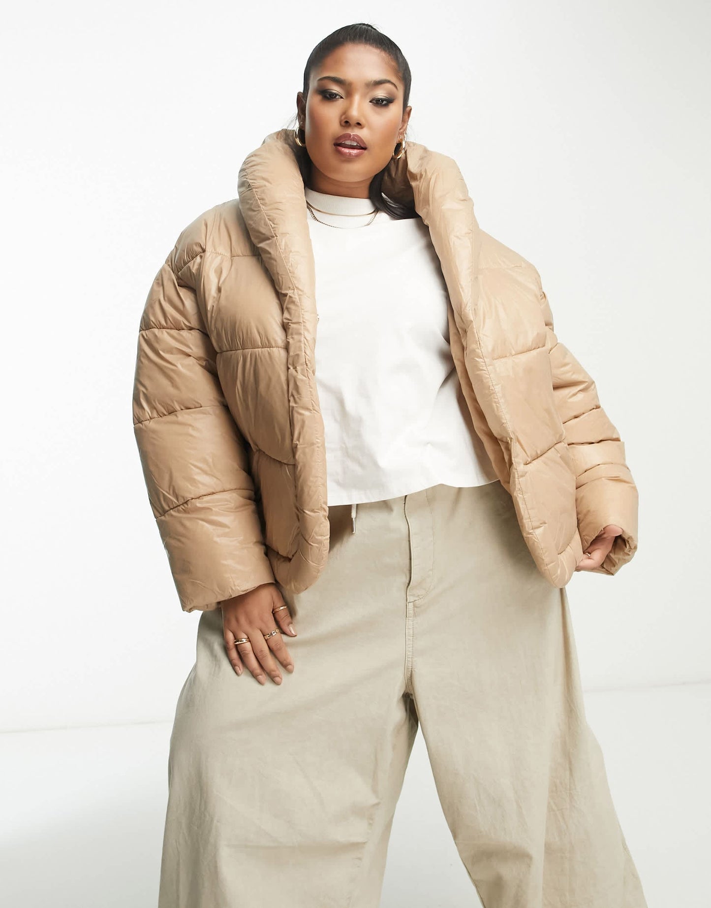 River Island Plus puffer coat in camel