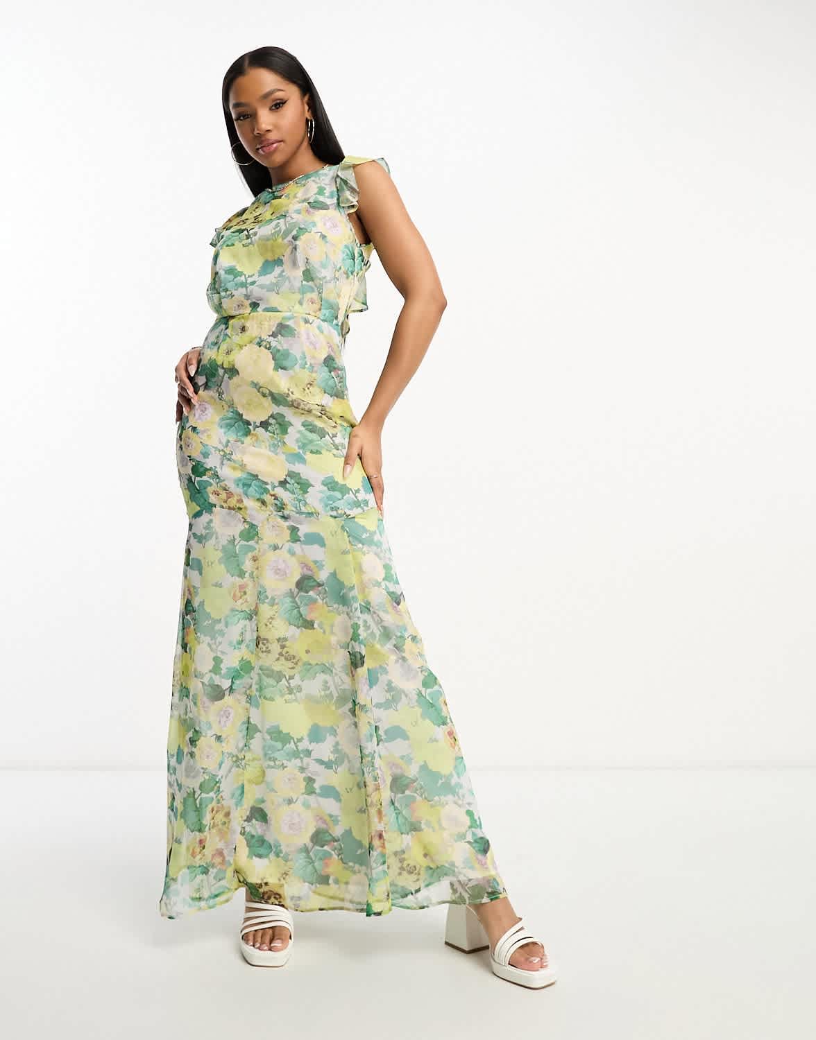 Hope & Ivy tie back frill maxi dress in green floral