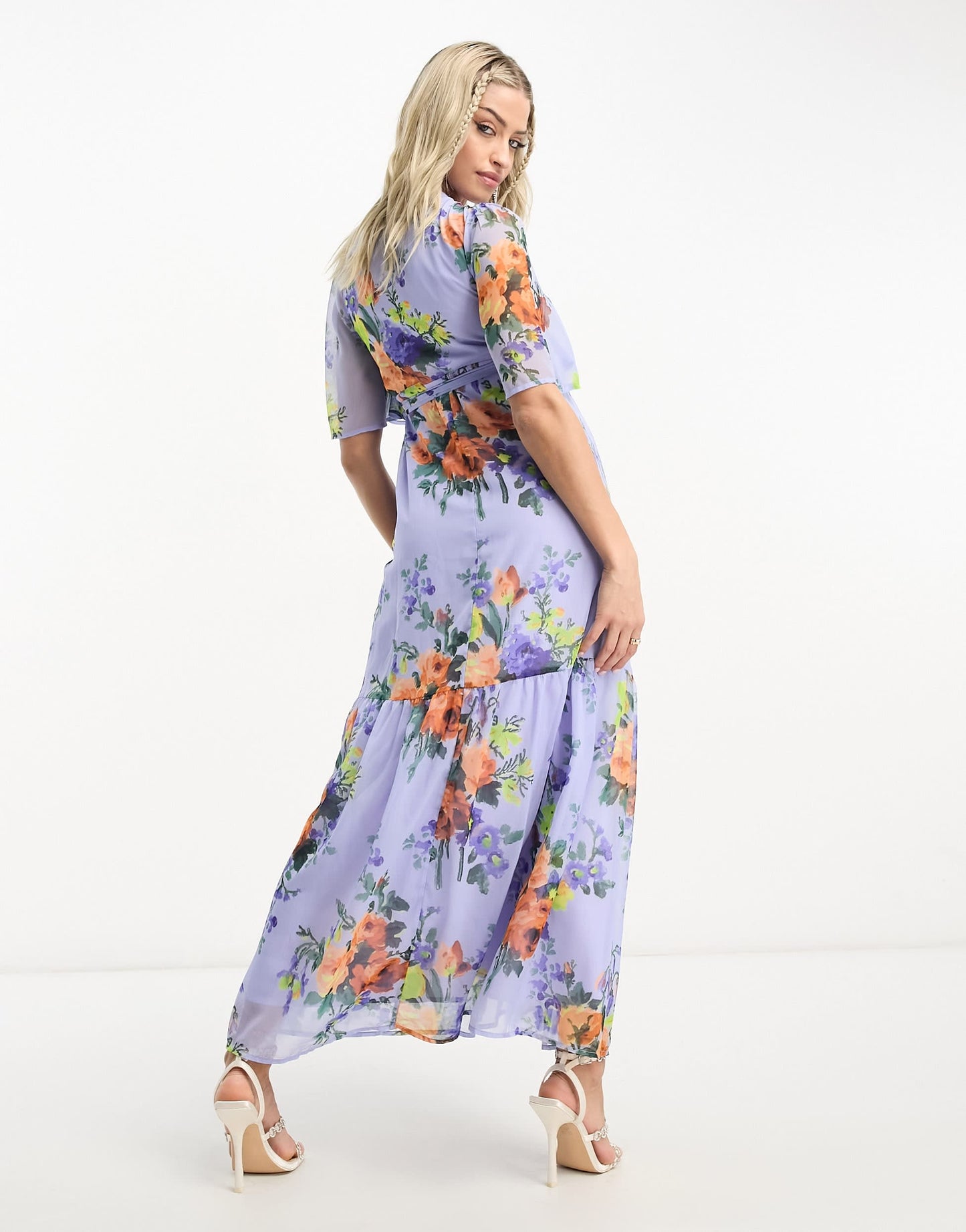 Hope & Ivy Maternity flutter sleeve wrap midaxi dress in lilac floral