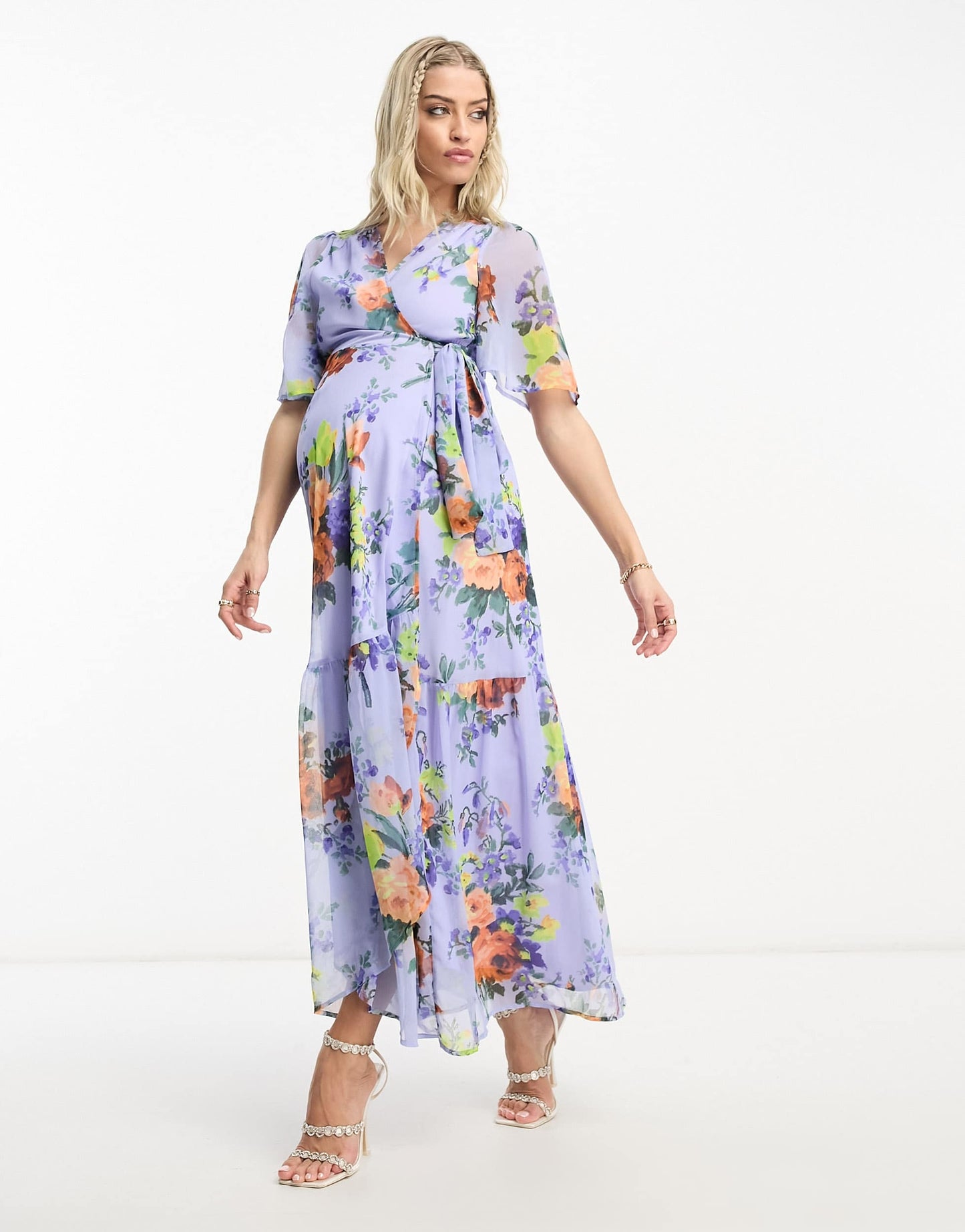 Hope & Ivy Maternity flutter sleeve wrap midaxi dress in lilac floral