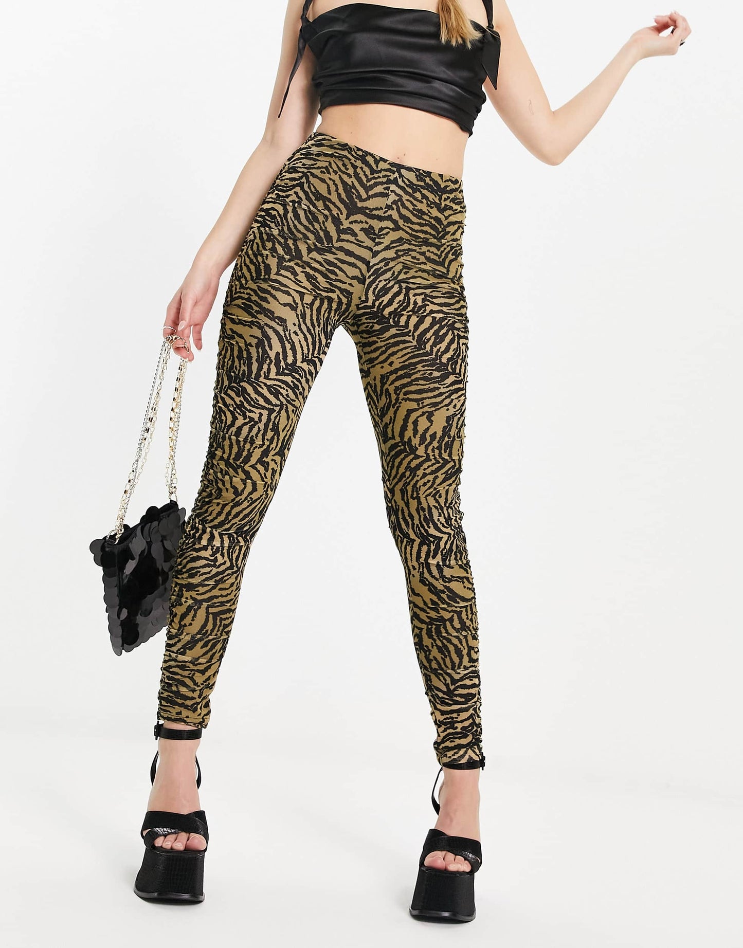 Edited ruched leggings in tiger print