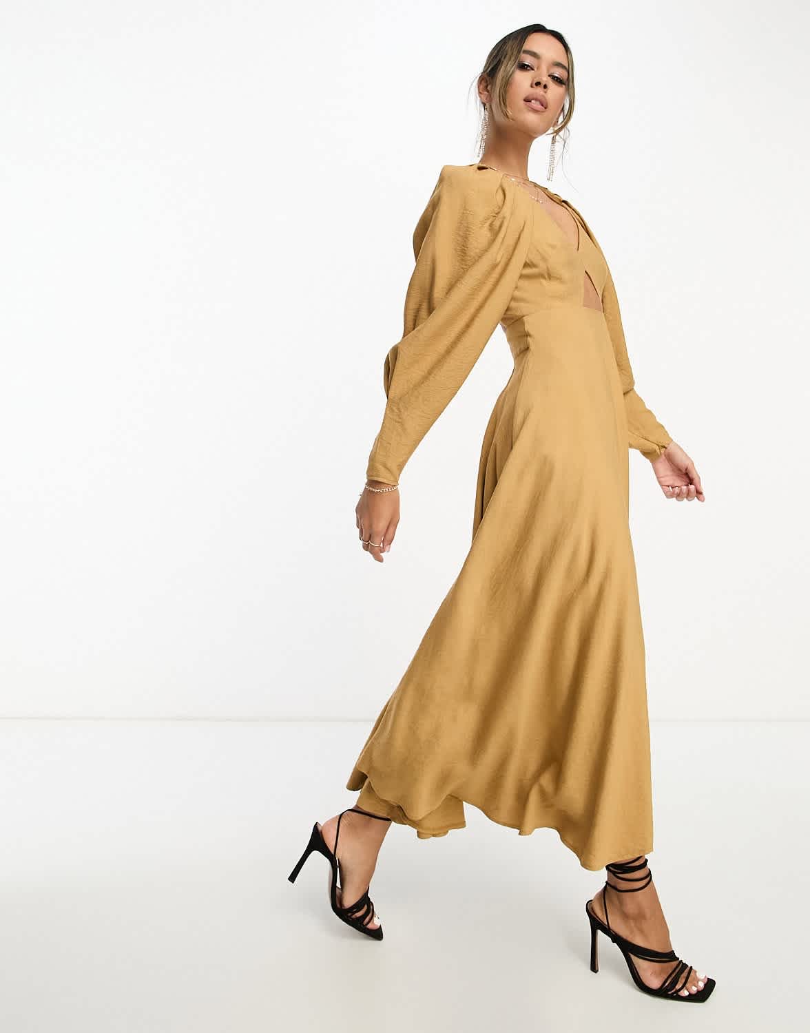 ASOS EDITION pleat shoulder midi dress with cut out back in camel