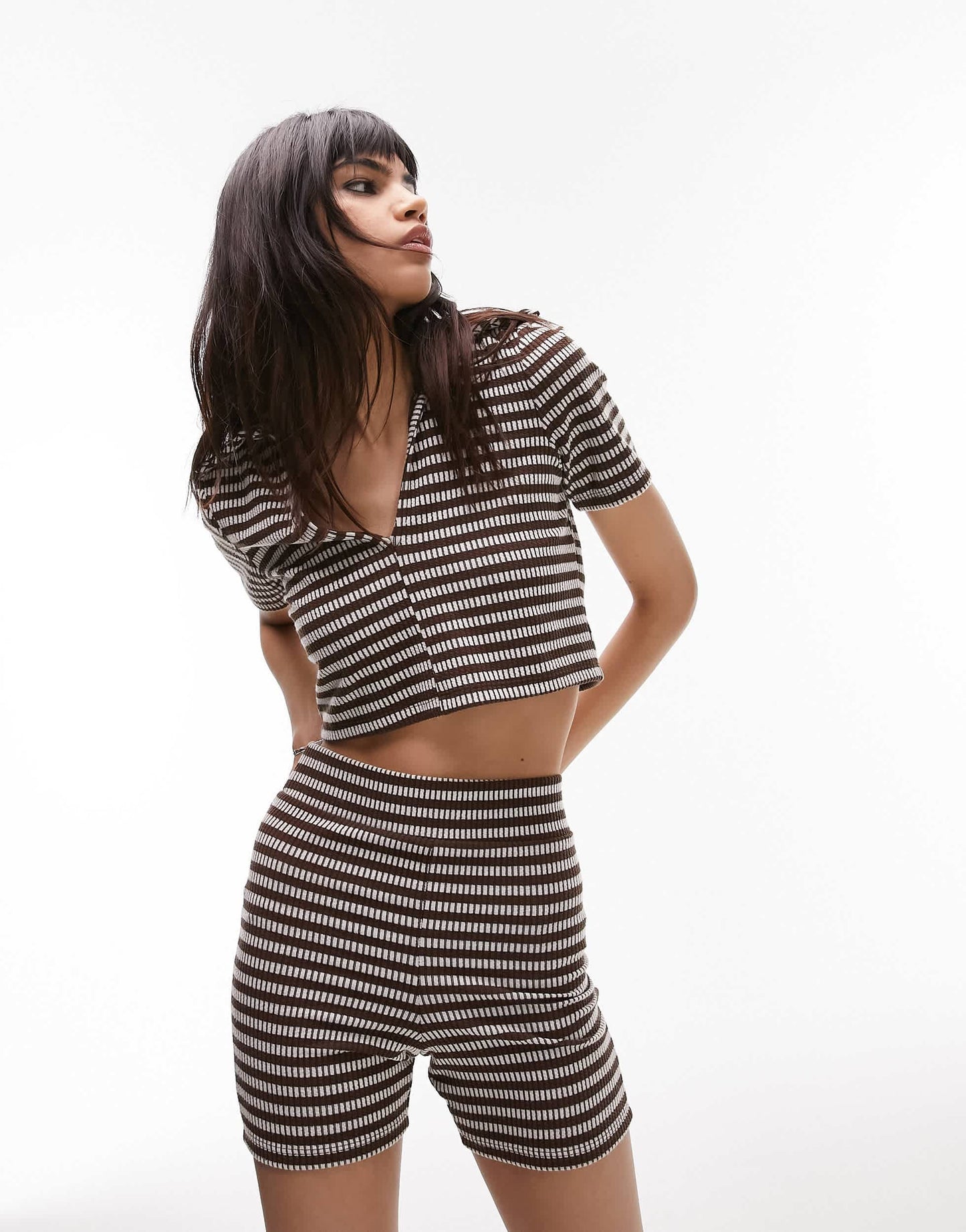 Topshop co-ord cropped length ribbed legging short in chocolate