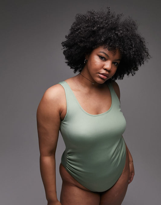 Topshop Curve rib scoop back swimsuit in khaki