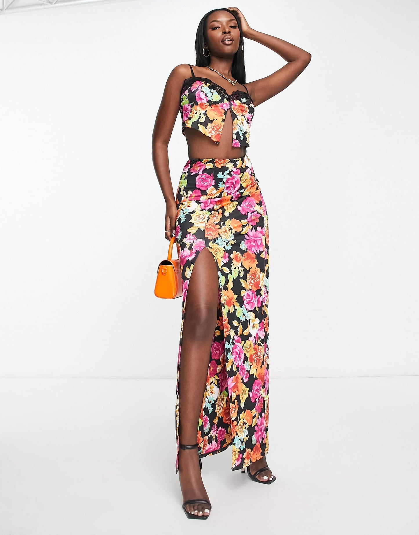AFRM Miso co-ord ruched side split maxi skirt in floral