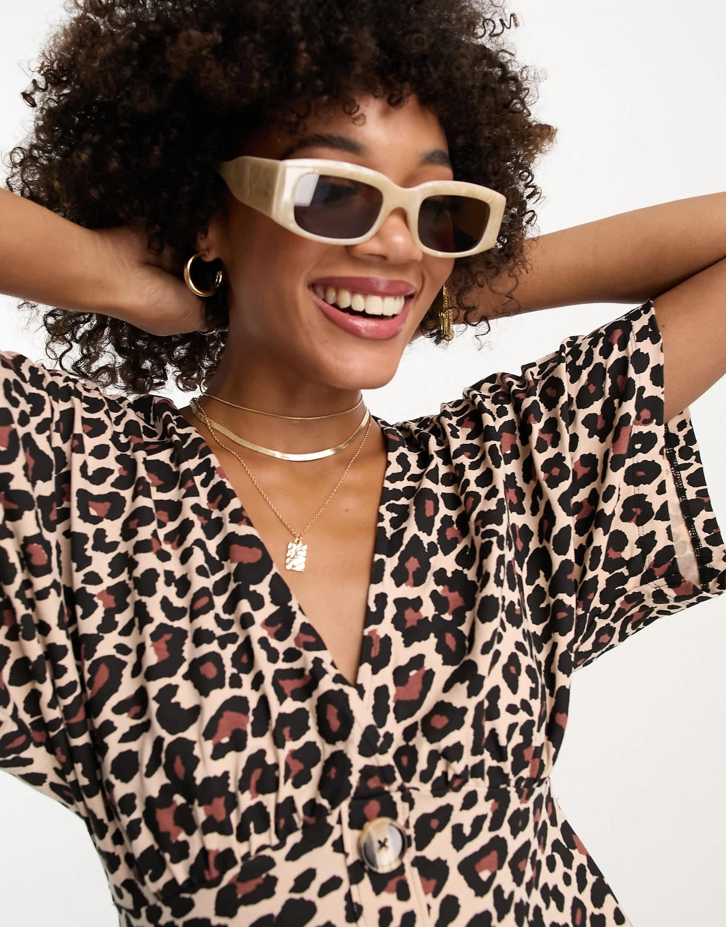ASOS DESIGN flutter sleeve mini tea dress with buttons in leopard print
