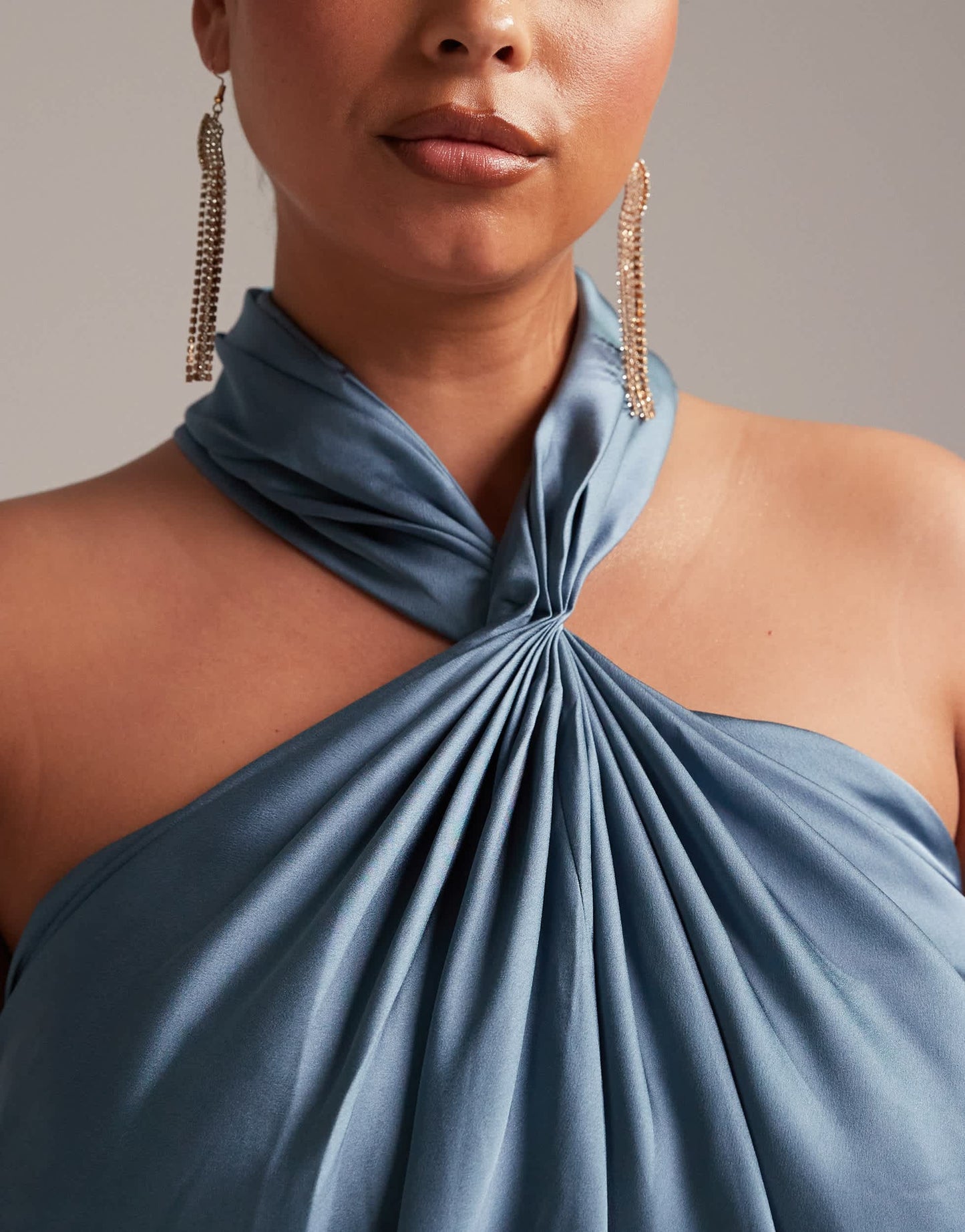 ASOS DESIGN Bridesmaid Curve satin ruched halter neck maxi dress in dusky blue