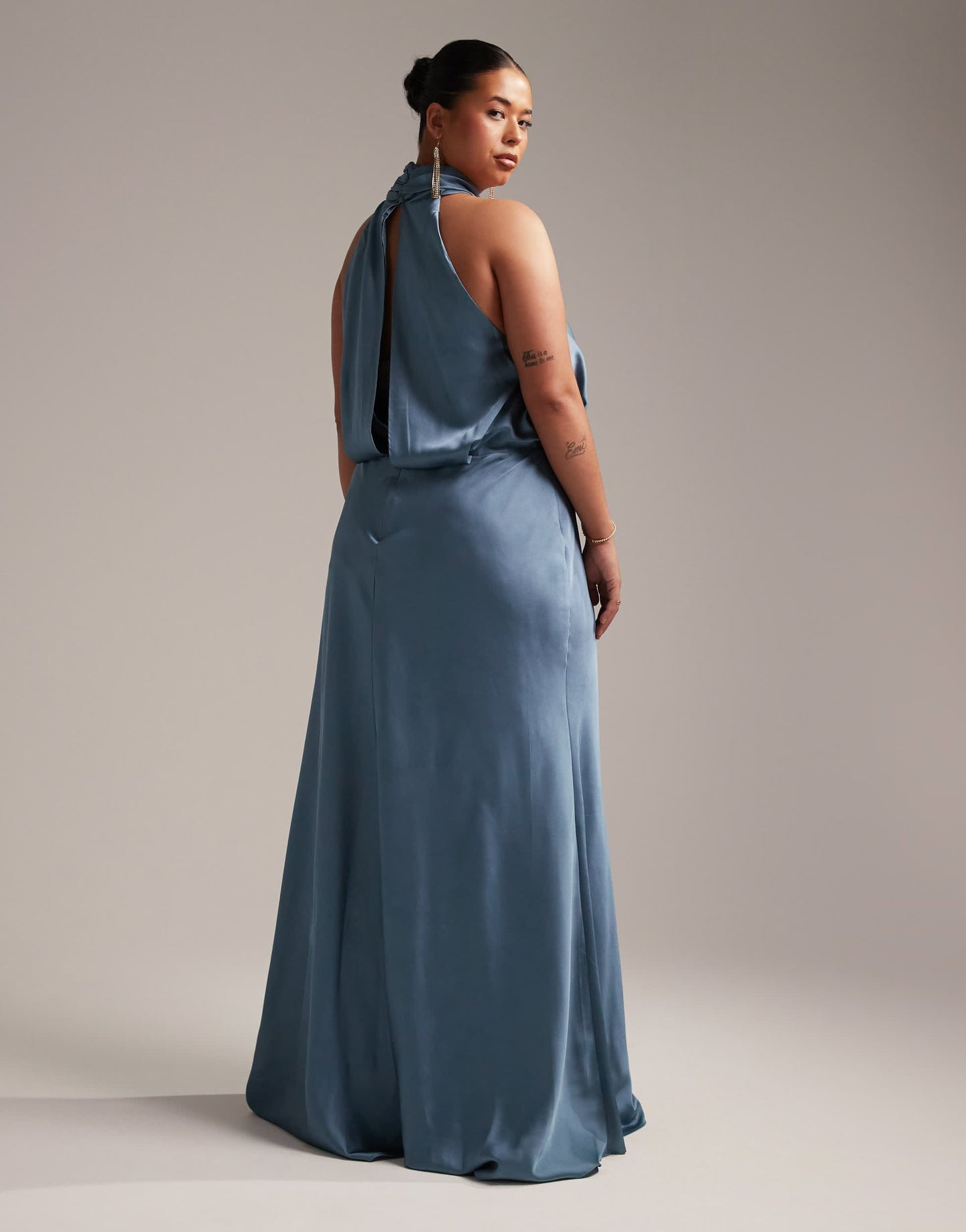 ASOS DESIGN Bridesmaid Curve satin ruched halter neck maxi dress in dusky blue